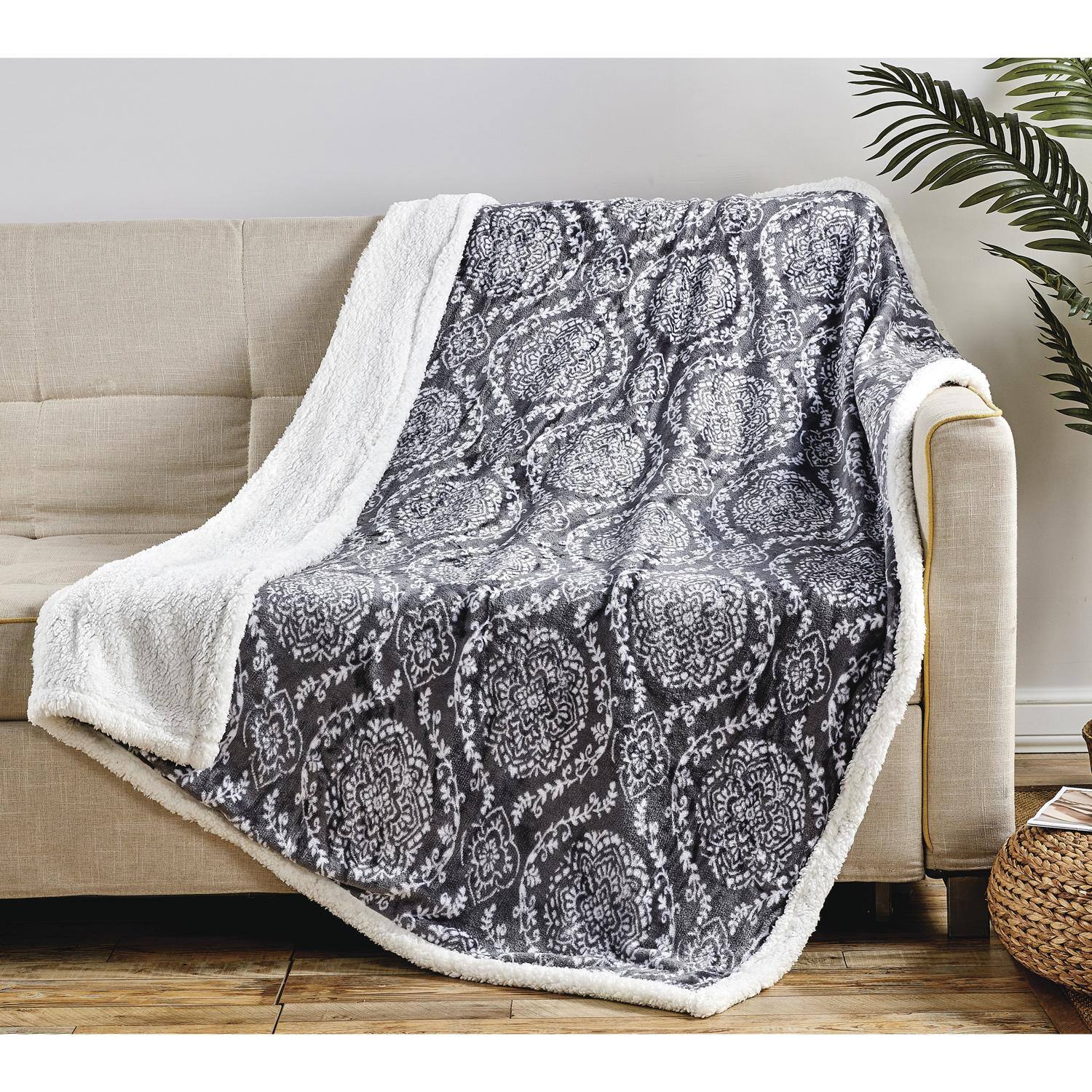 Alt View 2. Noble House - Plazatex Gracey with Sherpa Plush Decorative All Season Plum Throw Blanket 50" x 60" Grey - Grey.