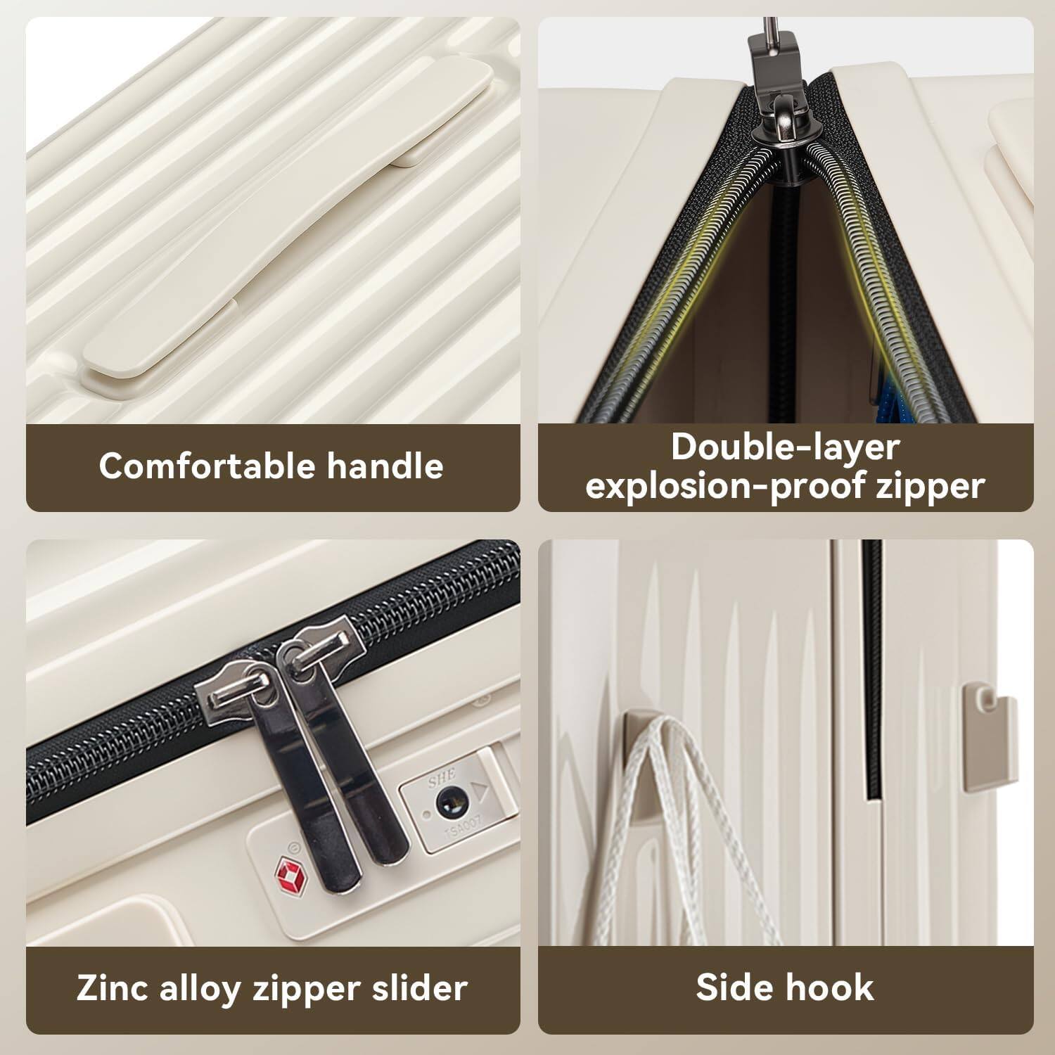 Comfortable handle  
Double-layer explosion-proof zipper  
Zinc alloy zipper slider  
Side hook
