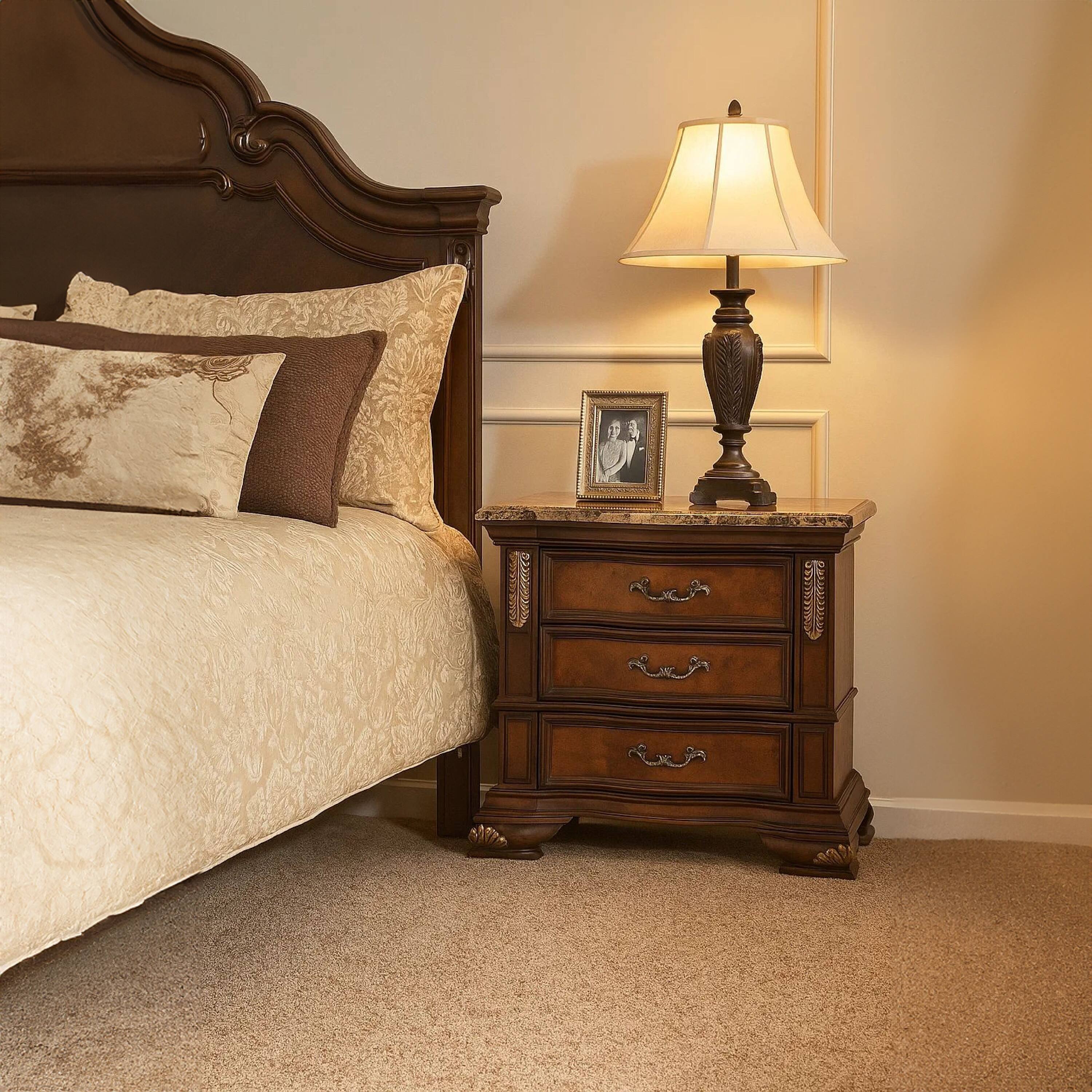 Alt View 5. Manhattan Lane - Iliana Nightstand, 3 Drawers, Ornate Oak and Dark Cherry Brown, 33 Inch - Cherry Brown, Oak Brown, Gold, Bronze.