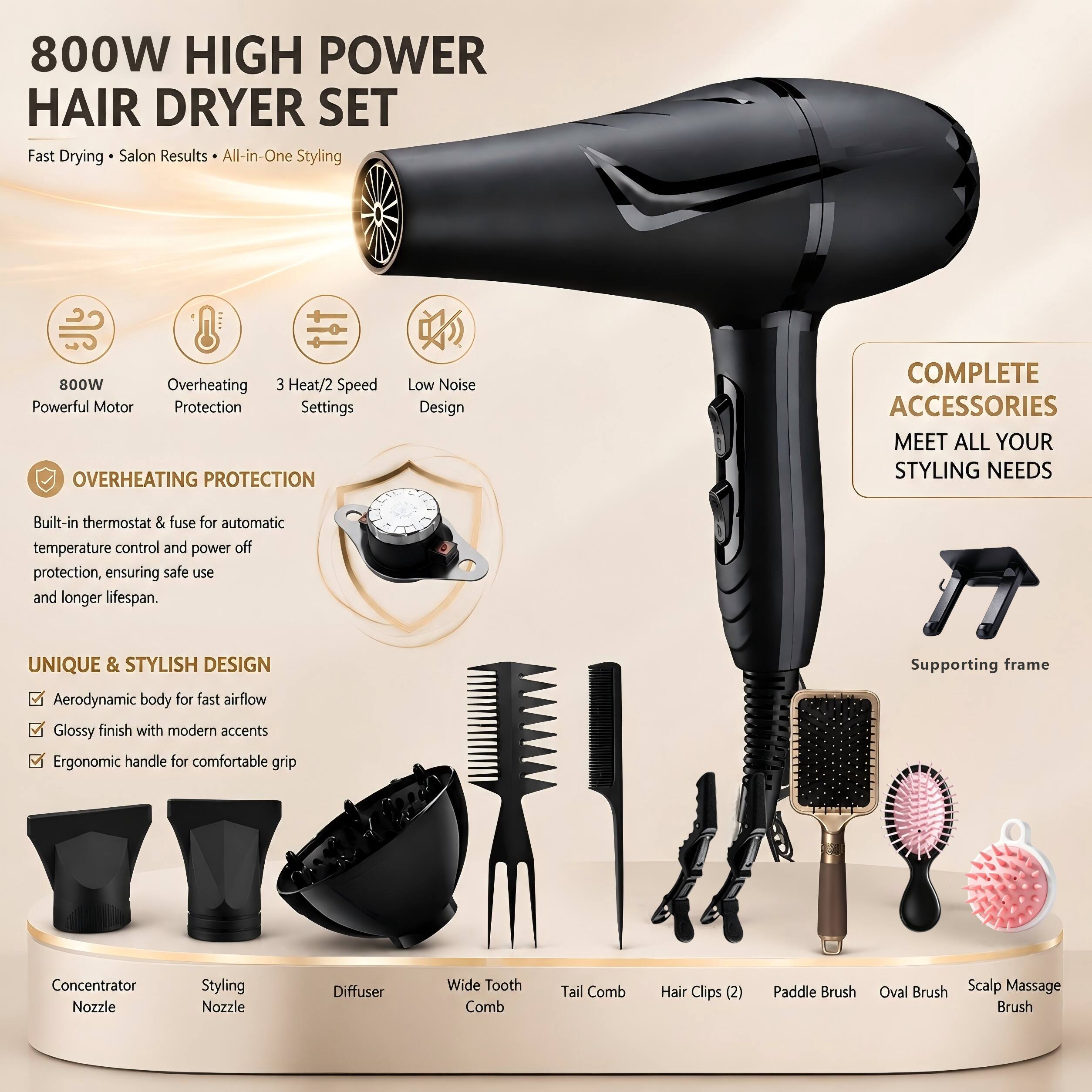 800W HIGH POWER HAIR DRYER SET

Fast Drying • Salon Results • All-in-One Styling

800W Powerful Motor
Overheating Protection
3 Heat/2 Speed Settings
Low Noise Design

OVERHEATING PROTECTION
Built-in thermostat & fuse for automatic temperature control and power off protection, ensuring safe use and longer lifespan.

UNIQUE & STYLISH DESIGN
Aerodynamic body for fast airflow
Glossy finish with modern accents
Ergonomic handle for comfortable grip

COMPLETE ACCESSORIES
MEET ALL YOUR STYLING NEEDS

- Concentrator Nozzle
- Styling Nozzle
- Diffuser
- Wide Tooth Comb
- Tail Comb
- Hair Clips (2)
- Paddle Brush
- Oval Brush
- Scalp Massage Brush
