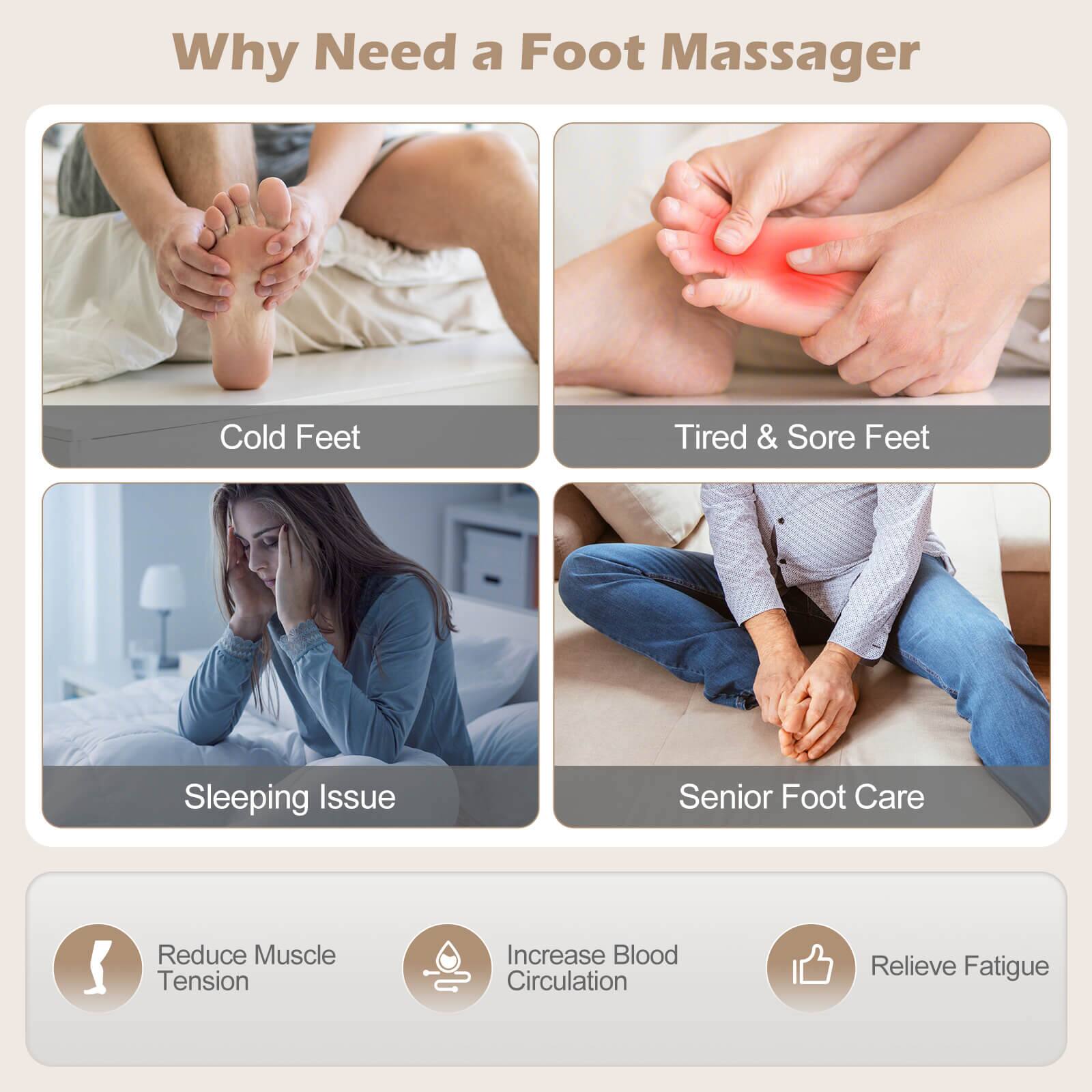 Why Need a Foot Massager

- Cold Feet
- Tired & Sore Feet
- Sleeping Issue
- Senior Foot Care

Benefits:
- Reduce Muscle Tension
- Increase Blood Circulation
- Relieve Fatigue