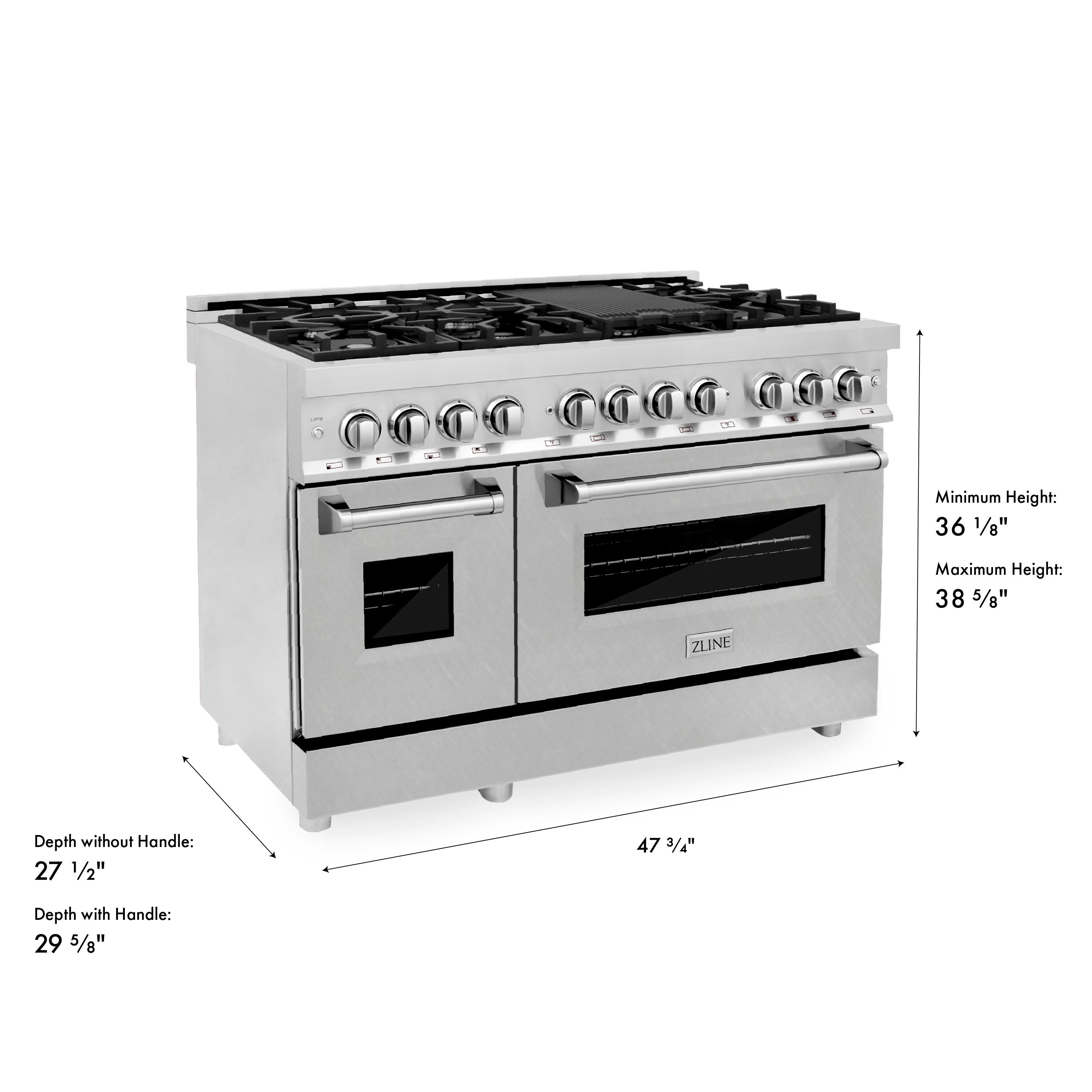 Minimum Height: 36 1/8"  
Maximum Height: 38 5/8"  
ZLINE Depth without Handle: 27 1/2"  
Depth with Handle: 29 5/8"