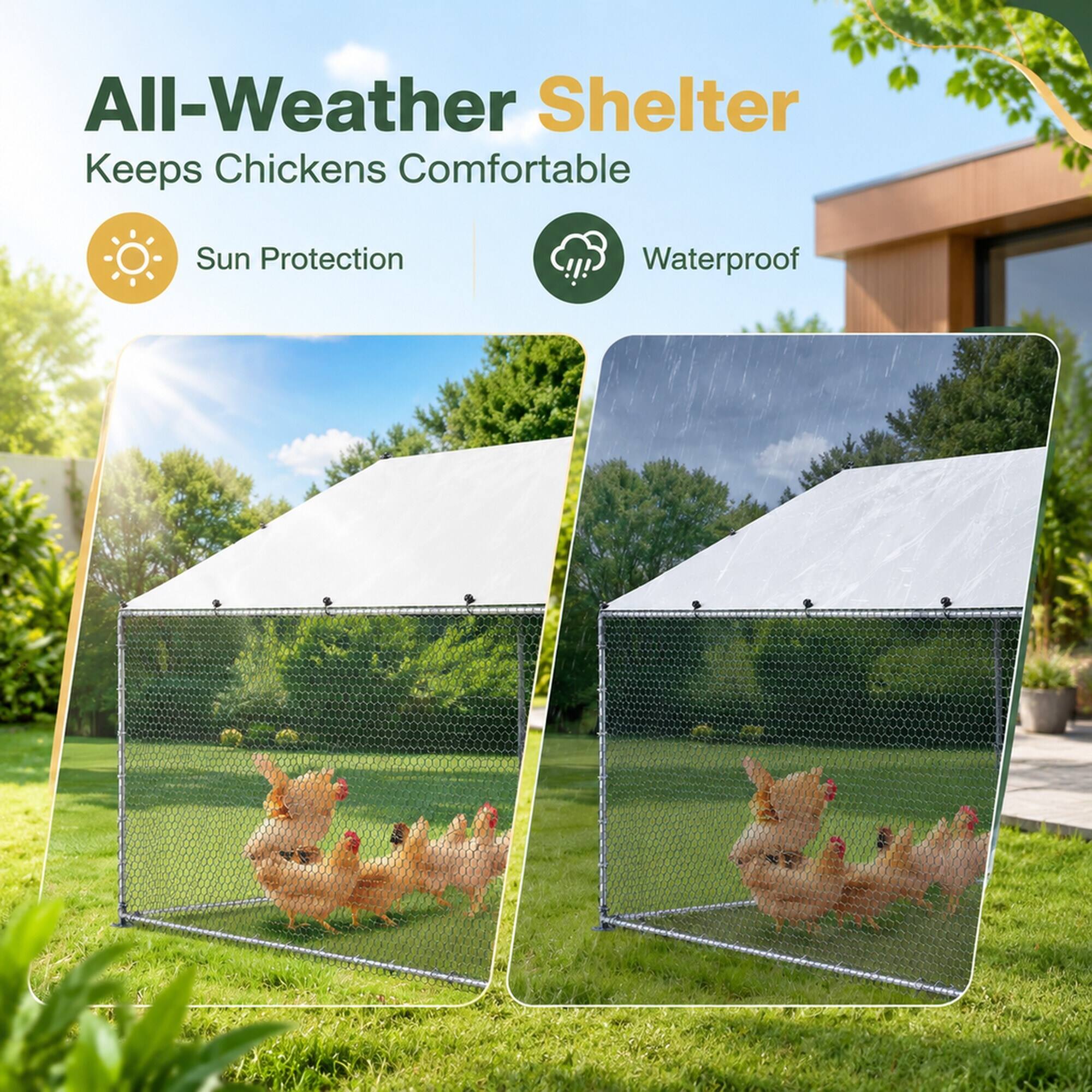 All-Weather Shelter  
Keeps Chickens Comfortable  
Sun Protection  
Waterproof