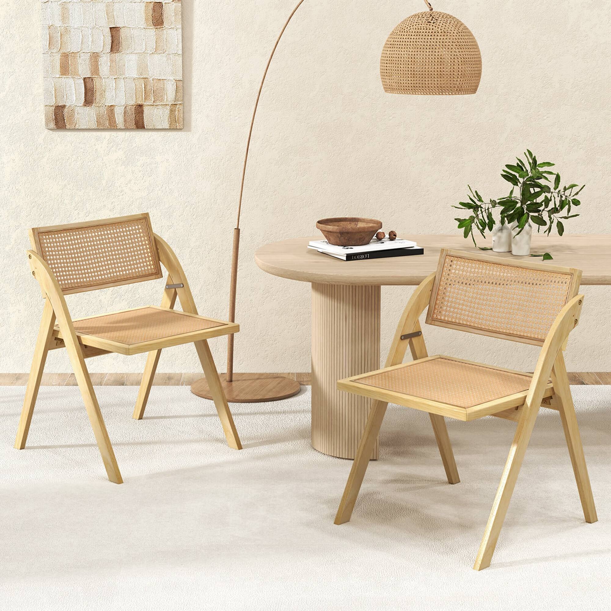 Alt View 1. Costway - Costway Foldable Dining Chairs Set of 4 with Woven Rattan Backrest & Seat Rubber Wood Frame - Natural.