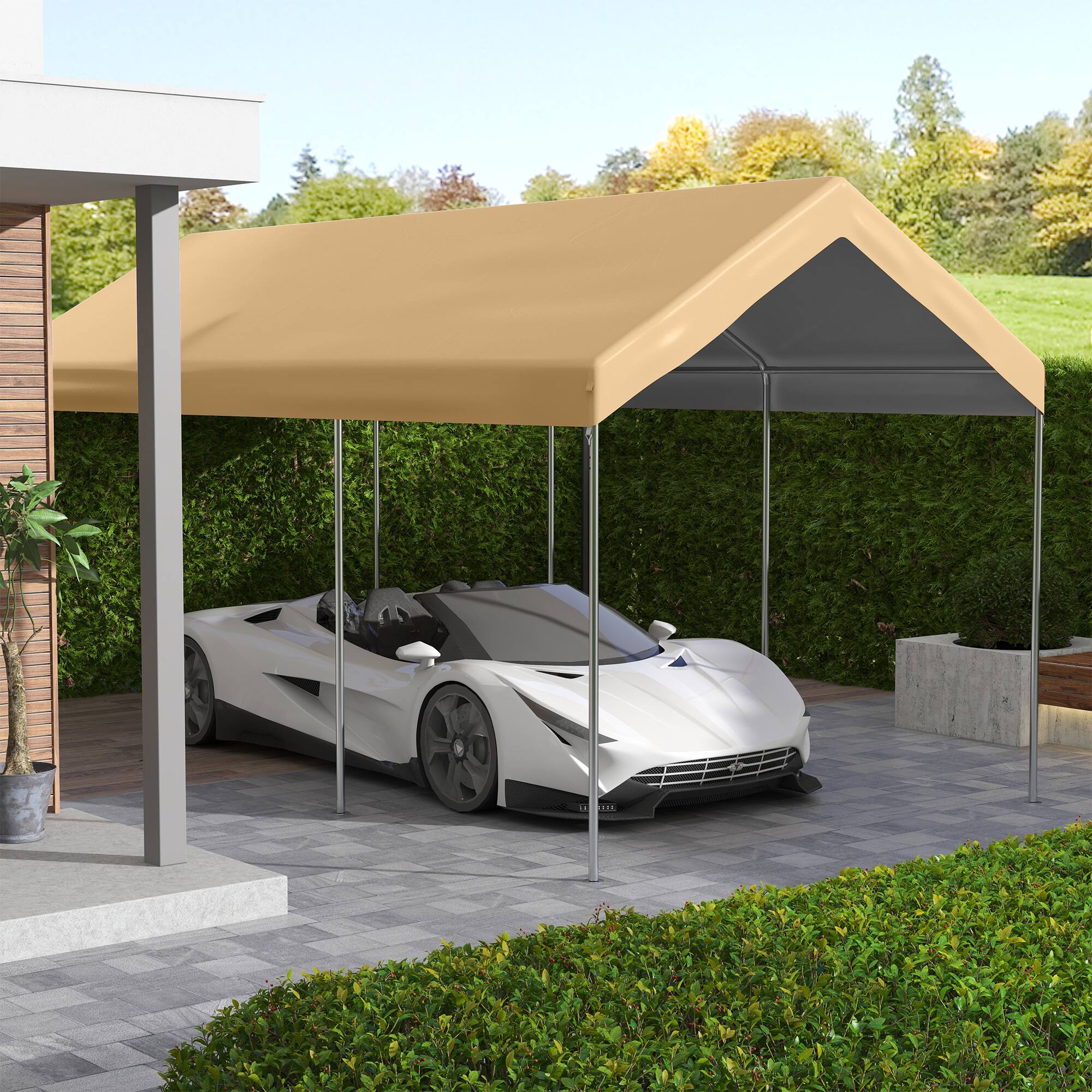 Angle. Outsunny - 20' x 10' Carport Replacement Top Canopy Cover for Model 84C-207WT or 84C-386V00WT, Waterproof - Beige.