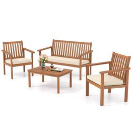 Costway - 4 PCS Patio Wood Furniture Set with Loveseat, 2 Chairs & Coffee Table for Porch - Natural + White