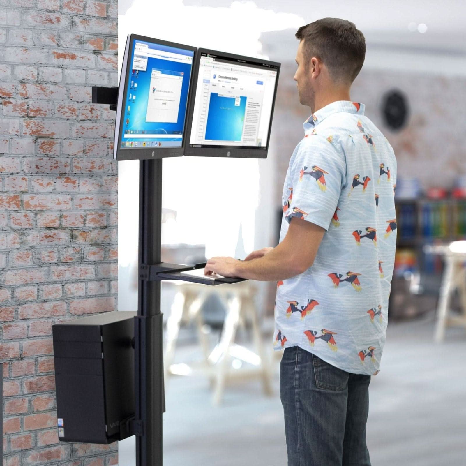 Angle. Mount-It! - Mobile PC Workstation for Dual Monitors with Height Adjustment, Rolling Base & Integrated CPU Mount - Black.