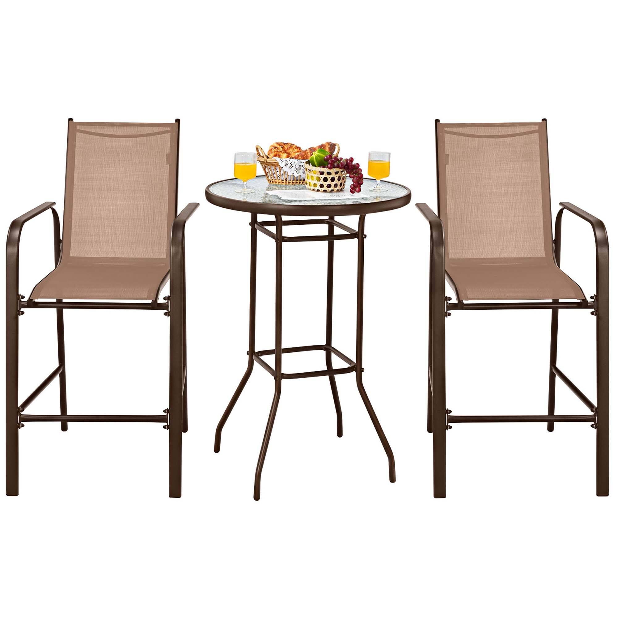 Costway - 3 PCS Outdoor Patio Bar Table Stool Set Height Tempered Glass Top - Brown