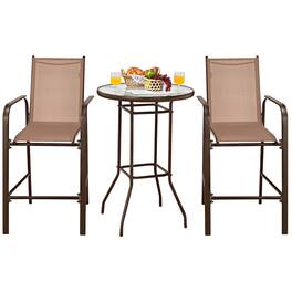 Costway - 3 PCS Outdoor Patio Bar Table Stool Set Height Tempered Glass Top - Brown