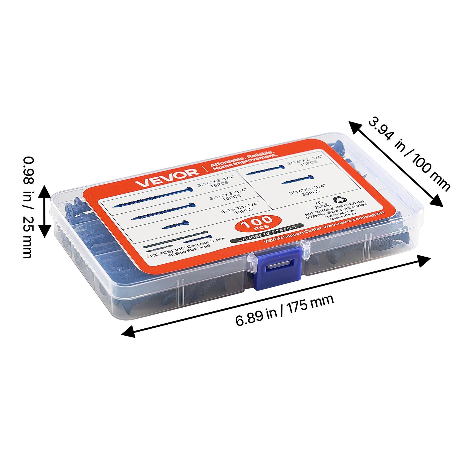 0.98 in / 25 mm  
3.94 in / 100 mm  
6.89 in / 175 mm  

VEVOR  
Affordable. Reliable. Improvement.  
3/16x2-1/4 15PCS  
3/16x3-1/4 30PCS  
3/16x1-1/2 30PCS  
3/16x1-1/4 25PCS  
100 PCS  

VEVOR Support Center  
www.vevor.com/support  

(100 PCS) 3/16" Concrete Screw Kit - Blue Flat Head  

NOT FOR USE IN LOAD BEARING APPLICATIONS  
WARNING:  
This product is not intended for use in load bearing applications.  
Use only for general purpose applications.  
Do not use in structural applications.  
Do not use in applications where failure could result in personal injury or property damage.  
Do not use in applications where failure could result in loss of life.  
Do not use in applications where failure could result in environmental damage.  
Do not use in applications where failure could result in economic loss.  
Do not use in applications where failure could result