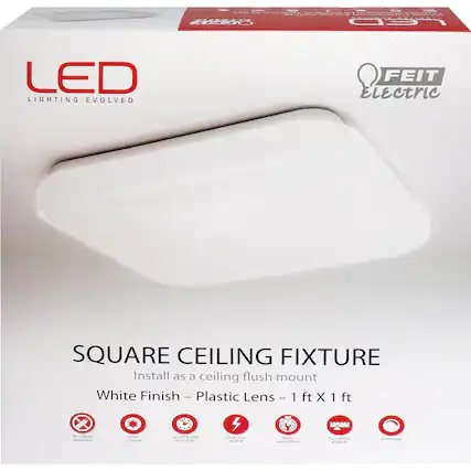 LED Lighting Evolved
FEIT Electric
SQUARE CEILING FIXTURE
Install as a ceiling flush mount
White Finish - Plastic Lens - 1 ft X 1 ft
- No Lamps Included
- 1540 Lumens
- Up to 25,000 Hour Life
- Uses only 22.5 W
- Easy Installation
- Cool White 4000 K
- Dimmable