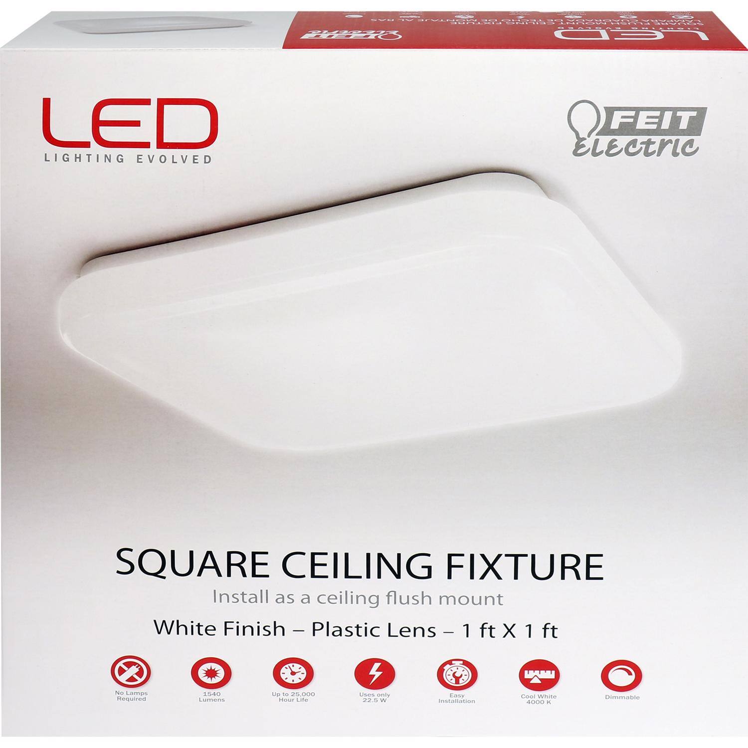 LED Lighting Evolved  
FEIT Electric  

SQUARE CEILING FIXTURE  
Install as a ceiling flush mount  

White Finish - Plastic Lens - 1 ft X 1 ft  

- No Lamps Included  
- 1540 Lumens  
- Up to 25,000 Hour Life  
- Uses only 22.5 W  
- Easy Installation  
- Cool White 4000 K  
- Dimmable