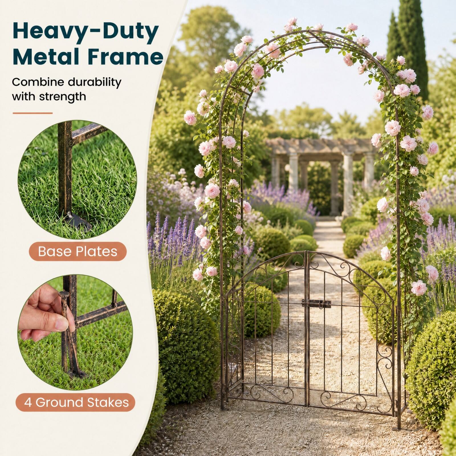 Heavy-Duty Metal Frame  
Combine durability with strength  

Base Plates  
4 Ground Stakes