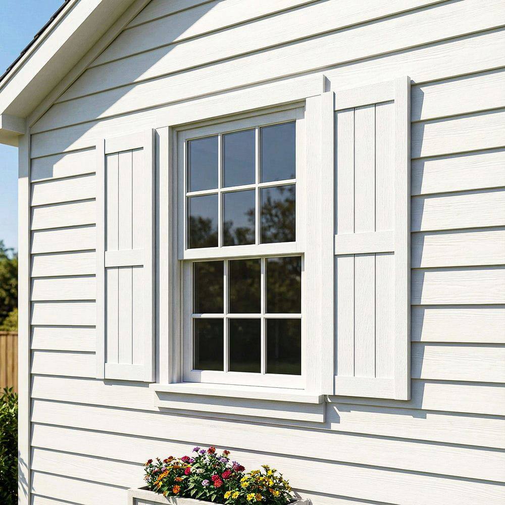 Angle. Kadyn - Vertical Grain Faux Shutters, Weather-Resistant Elegance, for Enhanced Curb Appeal, 14"x31", White - White.