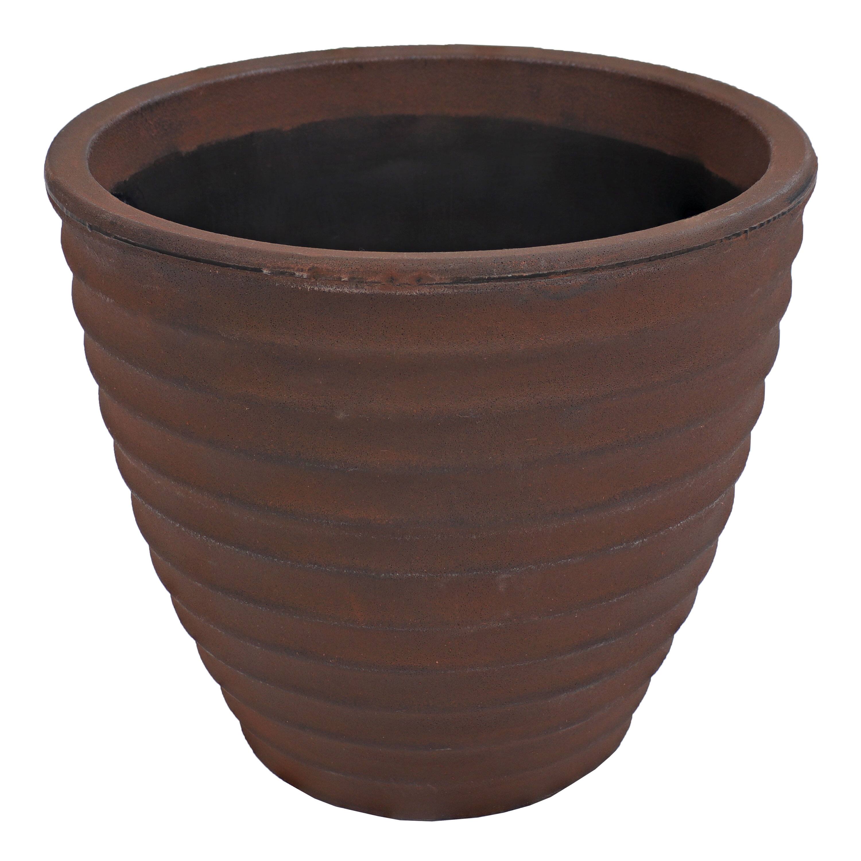 Alt View 4. Sunnydaze - 13 in Ribbed Polyresin Outdoor Planter - Set of 2 - Rust.