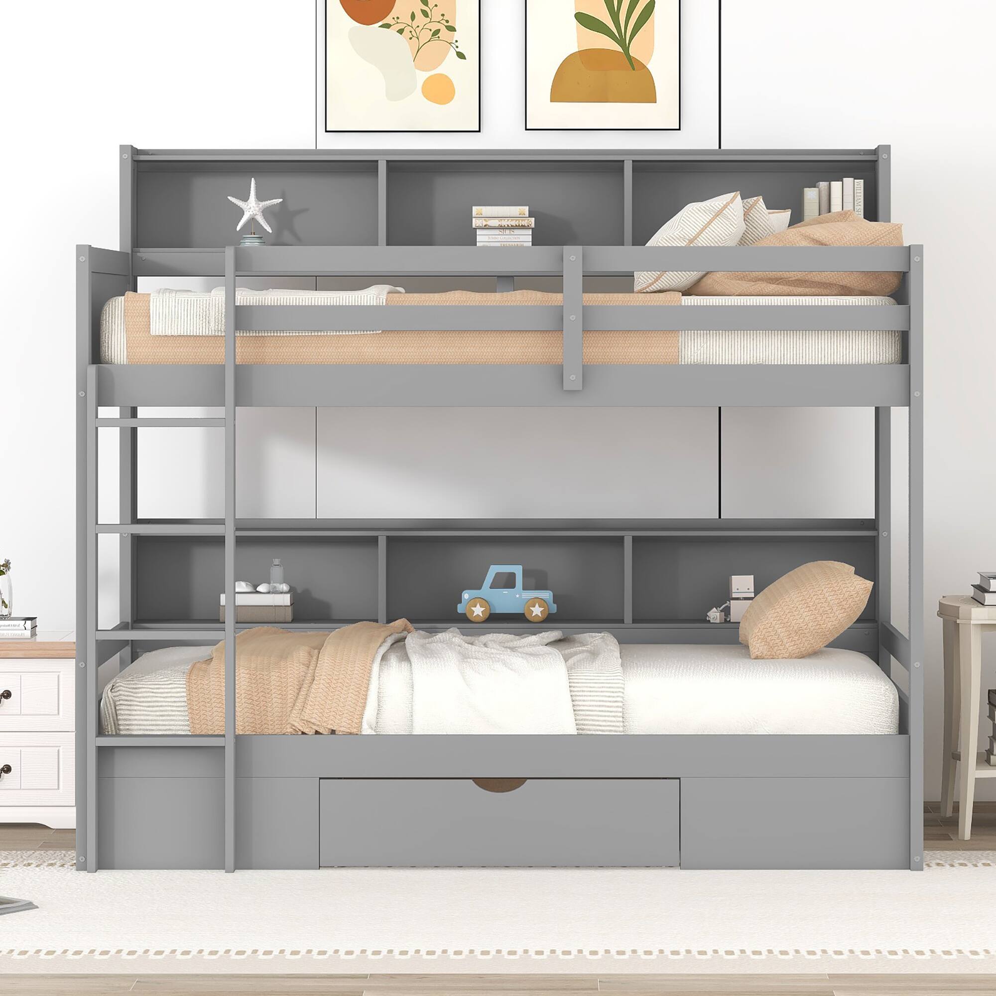 Left. Anysun - Twin Size Bunk Bed with Built-in Shelves & Storage Drawer, Space-Saving Wooden Bunk Bed for Kids or Dorm Room - Gray.