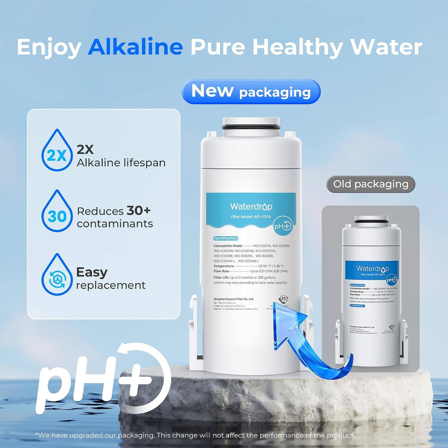 Enjoy Alkaline Pure Healthy Water

New packaging
- 2X Alkaline lifespan
- Reduces 30+ contaminants
- Easy replacement

Old packaging

Waterdrop
Filter Model: WD-EDFA

pH+

*We have upgraded our packaging. This change will not affect the performance of the product.