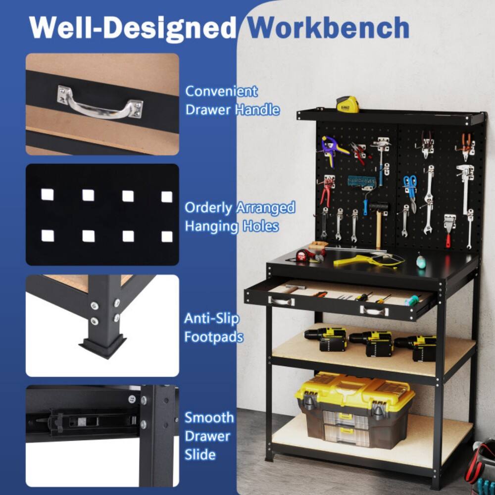 Well-Designed Workbench

- Convenient Drawer Handle
- Orderly Arranged Hanging Holes
- Anti-Slip Footpads
- Smooth Drawer Slide