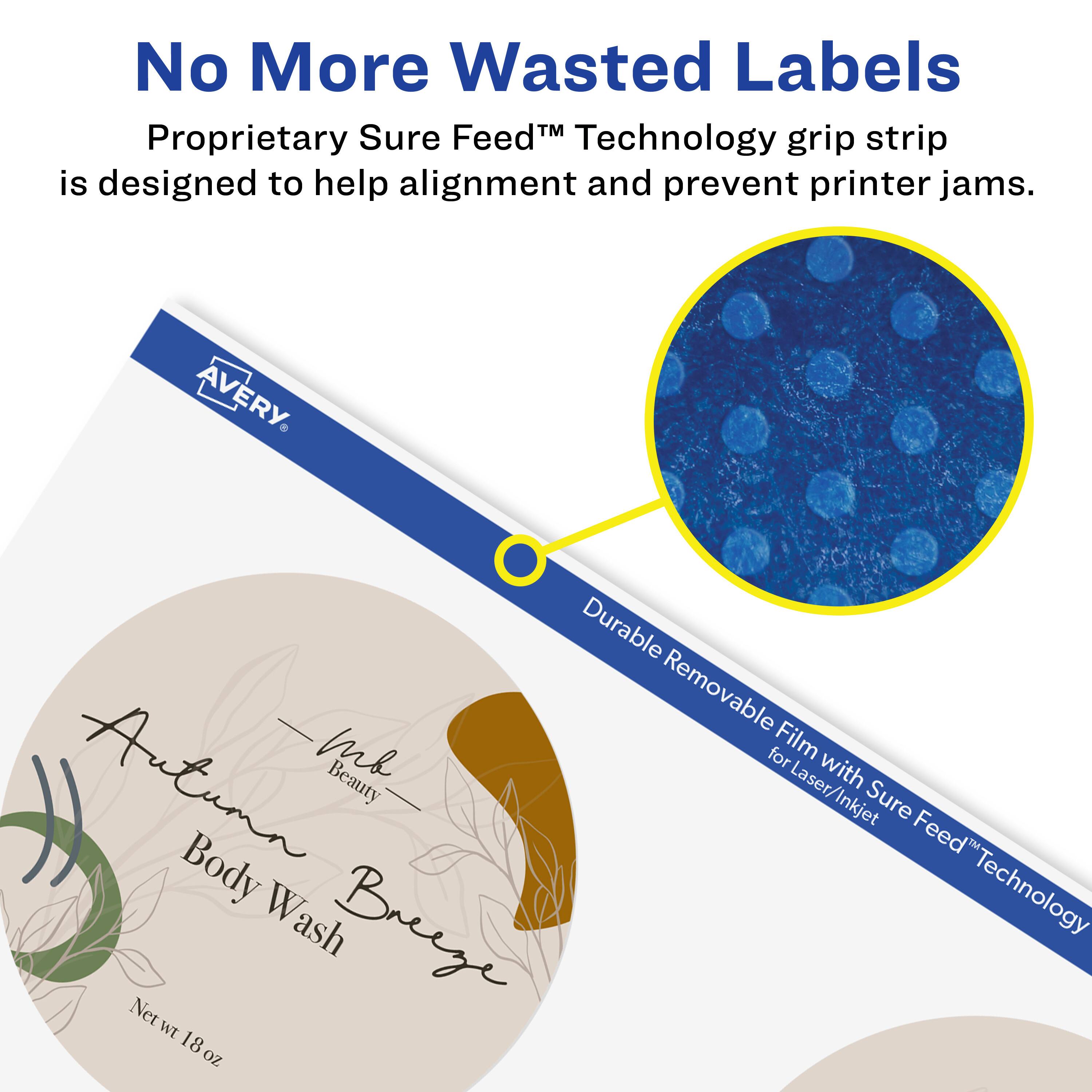 No More Wasted Labels  
Proprietary Sure Feed™ Technology grip strip is designed to help alignment and prevent printer jams.  

AVERY  
Durable Removable Film with Sure Feed™ Technology for Laser/Inkjet  

Autumn Beauty  
Body Wash  
Net wt 18 oz