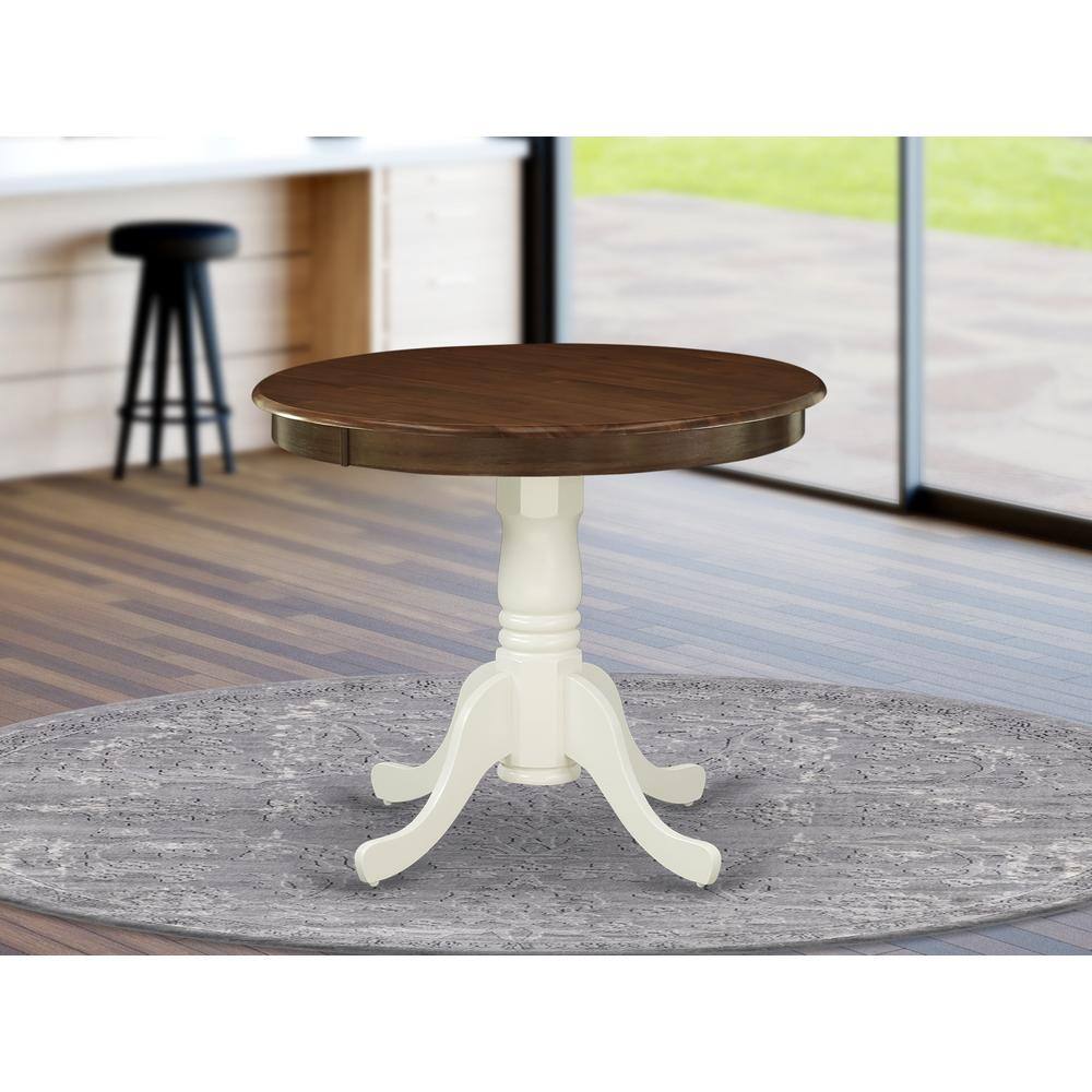 Angle. East West Furniture - AMT-WLW-TP Antique Dining Table Made of Rubber Wood offering Walnut Finish Table, 36 Inch Round, Linen White Pedestal - Brown.