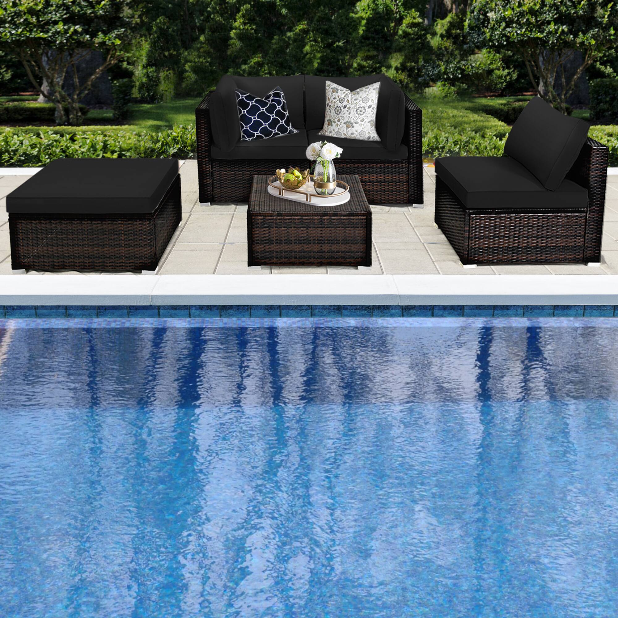 Alt View 4. Gymax - Gymax 5PCS Rattan Patio Conversation Set Outdoor Furniture Set w/ Black Cushions - Black.