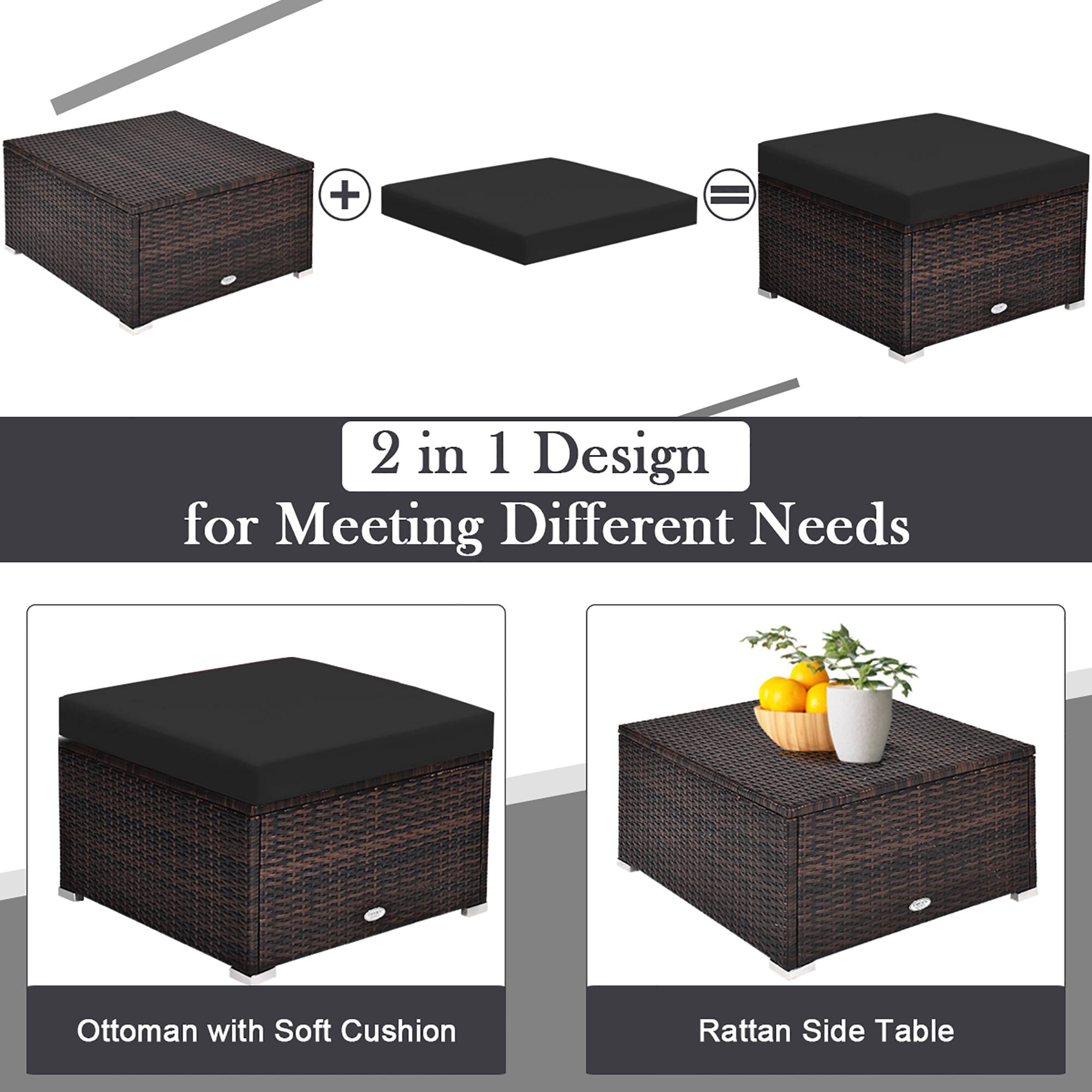 "2 in 1 Design for Meeting Different Needs: Ottoman with Soft Cushion + Rattan Side Table."