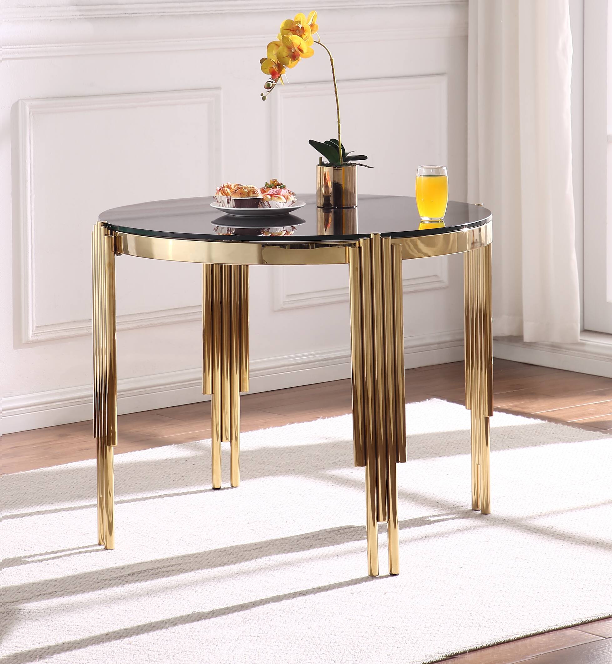 Alt View 1. TinyHomie - 386 Round Glass Dining Table Tempered Glass Top Polished Gold Legs - Brown.