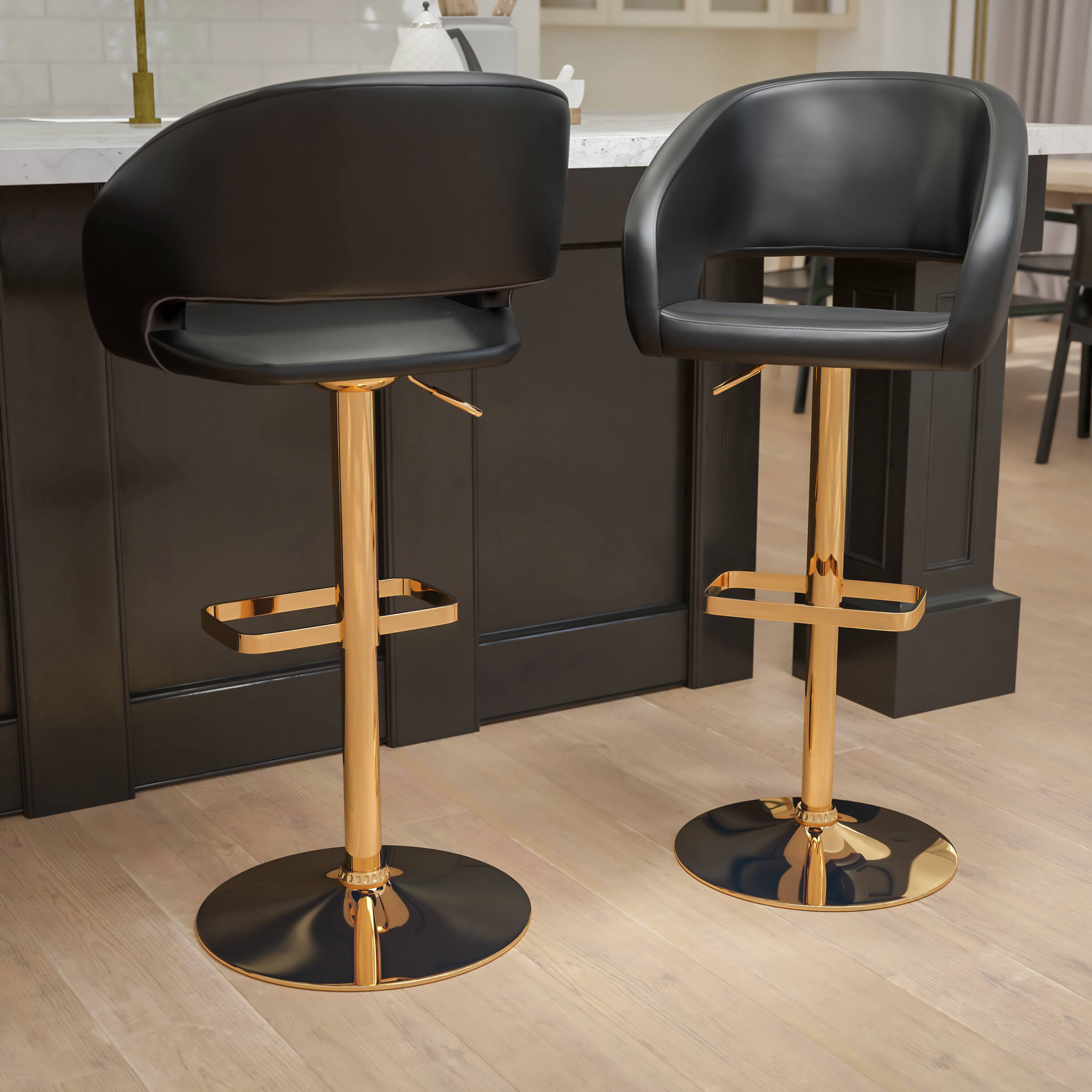 Emma + Oliver - Modern Vinyl Adjustable Height Barstool with Horizontal Stitch Back, Set of 2 - Black/Gold Frame