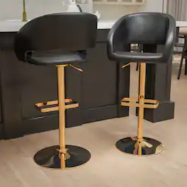 Emma + Oliver - Modern Vinyl Adjustable Height Barstool with Horizontal Stitch Back, Set of 2 - Black/Gold Frame