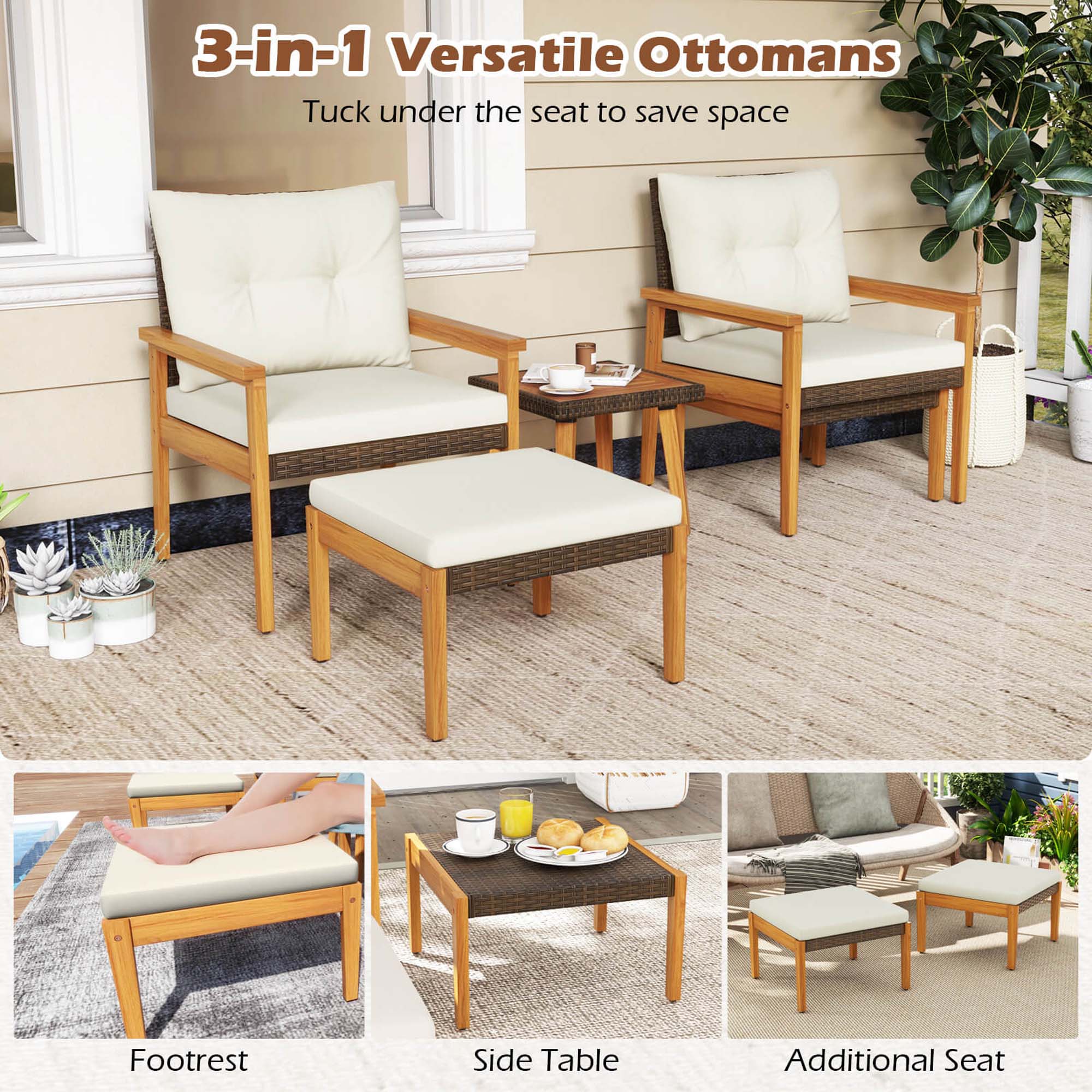 3-in-1 Versatile Ottomans  
Tuck under the seat to save space  

Footrest  
Side Table  
Additional Seat