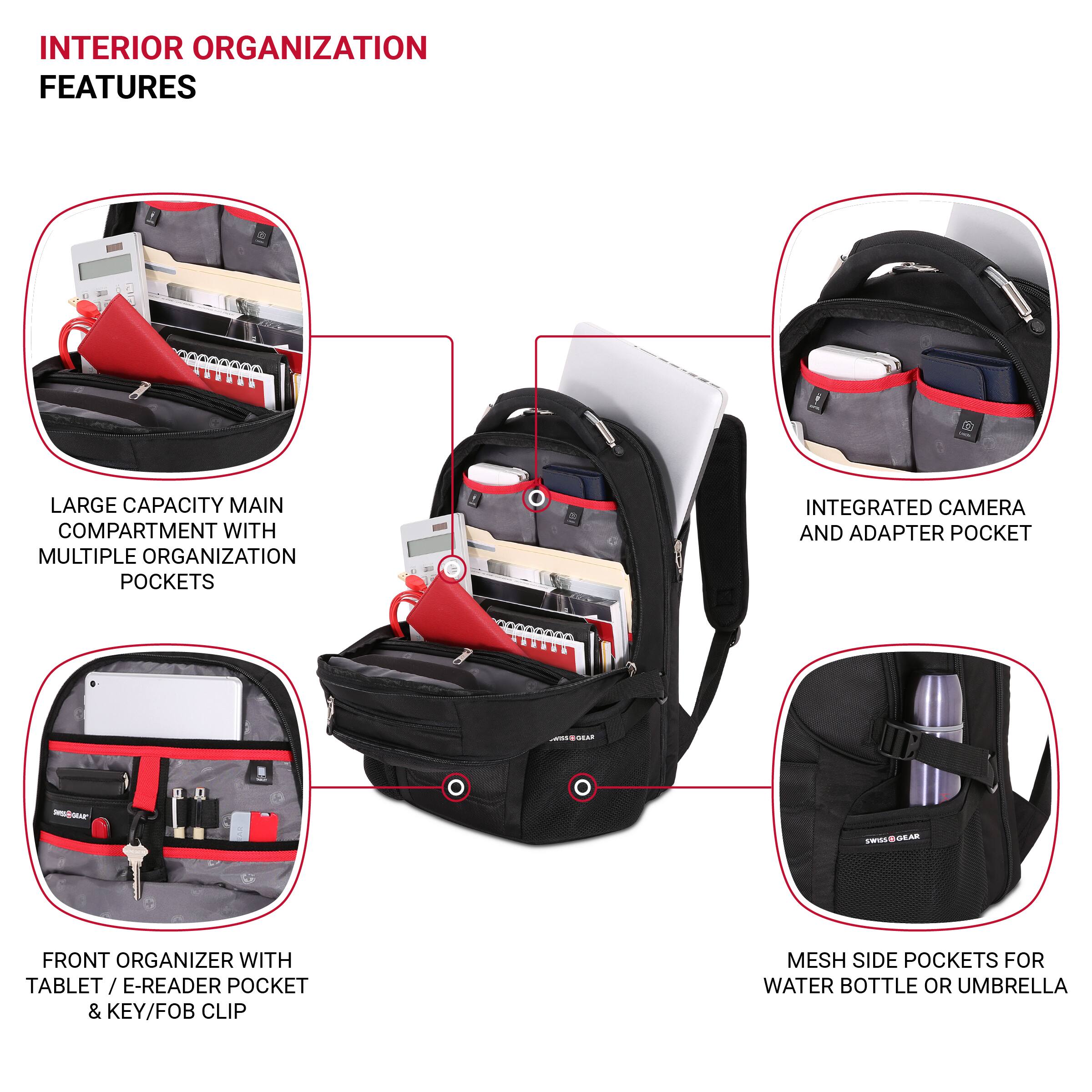 Interior Organization Features:

1. Large capacity main compartment with multiple organization pockets
2. Integrated camera and adapter pocket
3. SRAML - cass. ear front organizer with tablet/e-reader pocket & key/FOB clip
4. Mesh side pockets for water bottle or umbrella