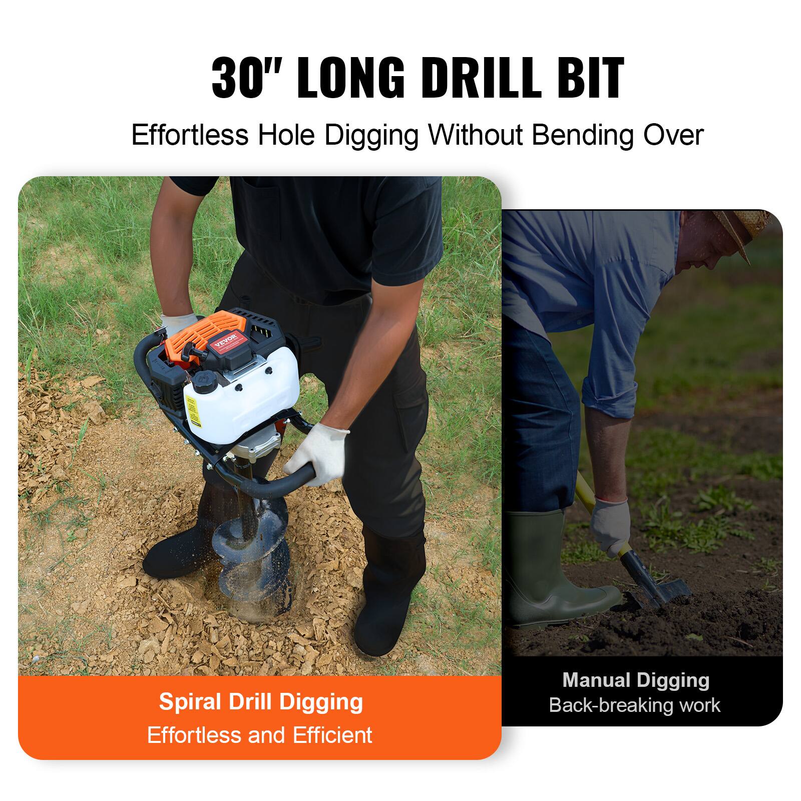 30" LONG DRILL BIT  
Effortless Hole Digging Without Bending Over  

Spiral Drill Digging  
Effortless and Efficient  

Manual Digging  
Back-breaking work