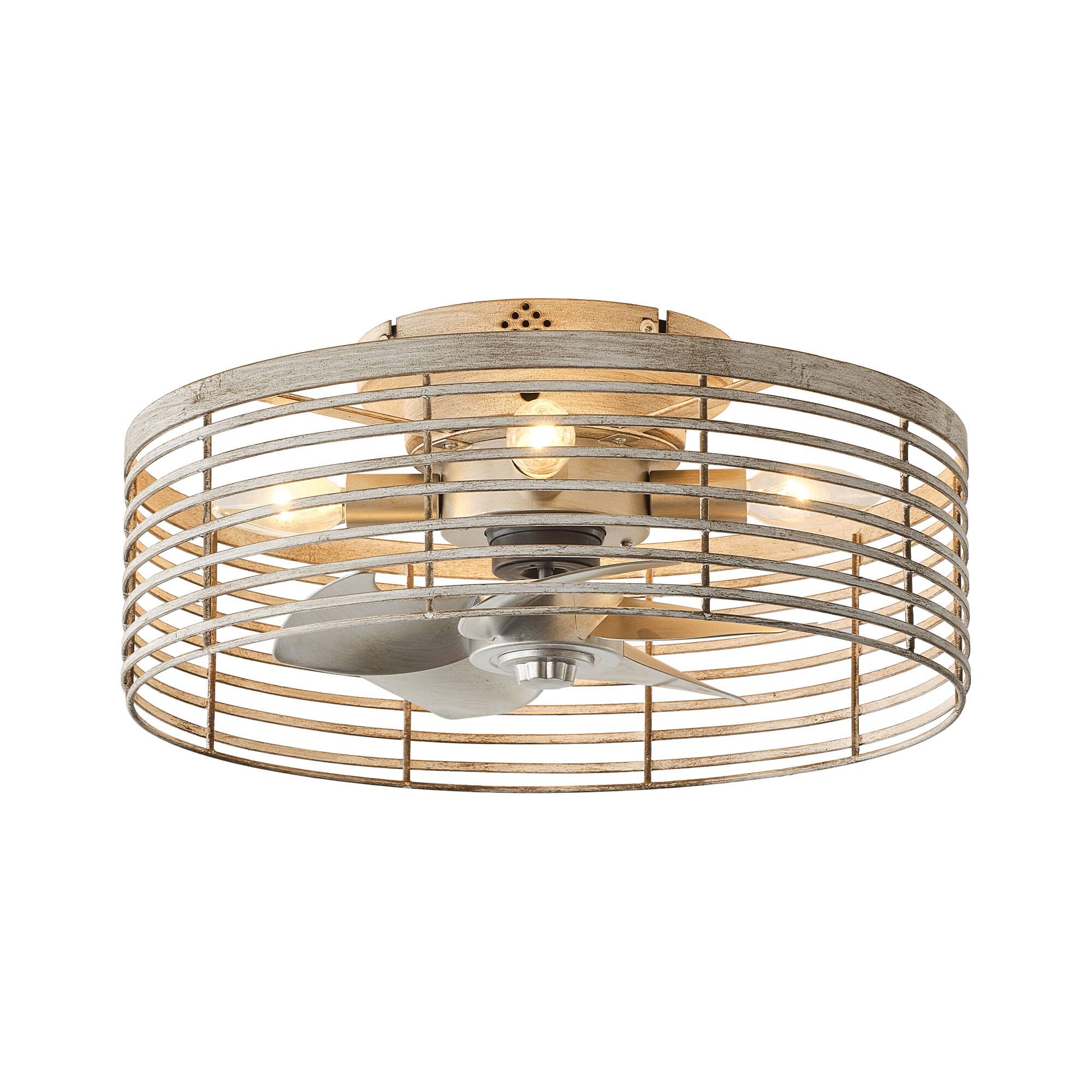 Alt View 1. Vaczon - 18" Industrial Caged Ceiling Fan with Light and Remote, 6-Speed Reversible DC Motor, Flush Mount Ceiling Fan - Distressed silver.
