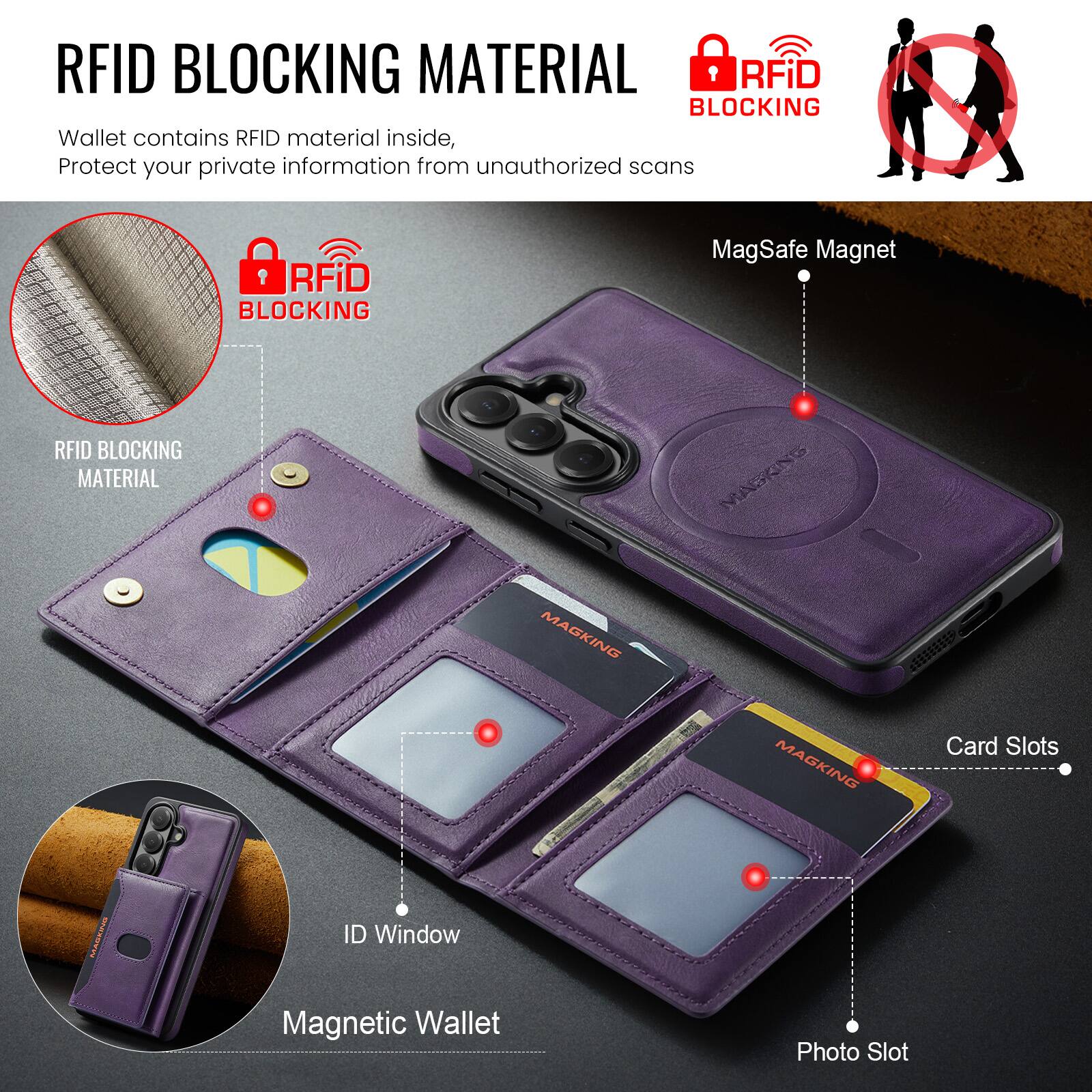 RFID BLOCKING MATERIAL  
RFiD BLOCKING Wallet contains RFID material inside, Protect your private information from unauthorized scans

RFiD BLOCKING  
MagSafe Magnet  
RFID BLOCKING MATERIAL  
MAGKING  
Card Slots  
ID Window  
Magnetic Wallet  
Photo Slot