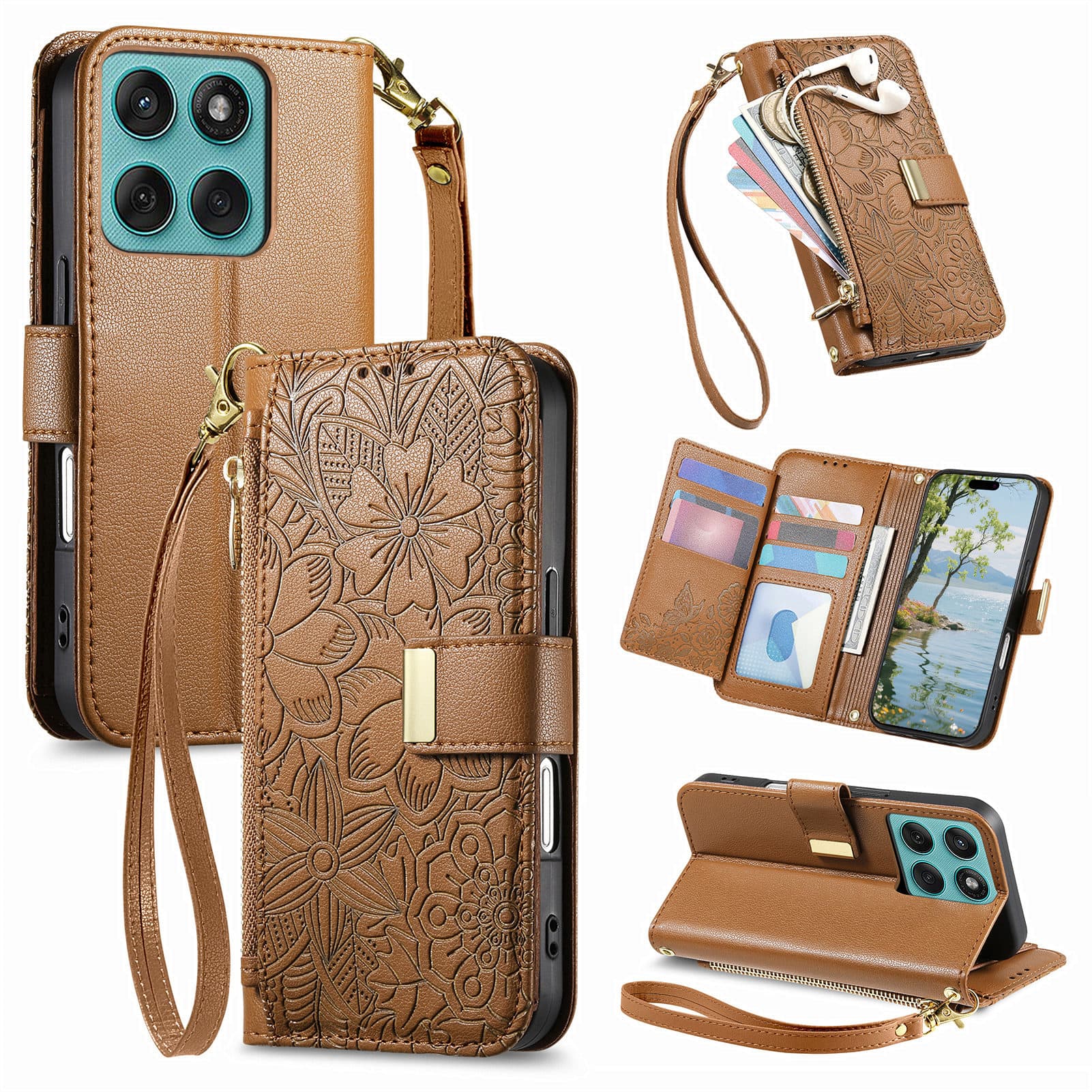 UUCOVER - Floral PU Leather Wallet Case for Motorola Moto Edge (2025) with Zipper Pocket, Cash Card Slot, Shoulder & Wrist Strap - Brown price history on PriceWatchPro