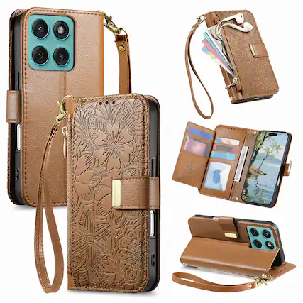Front. UUCOVER - Floral PU Leather Wallet Case for Motorola Moto Edge (2025) with Zipper Pocket, Cash Card Slot, Shoulder & Wrist Strap - Brown.