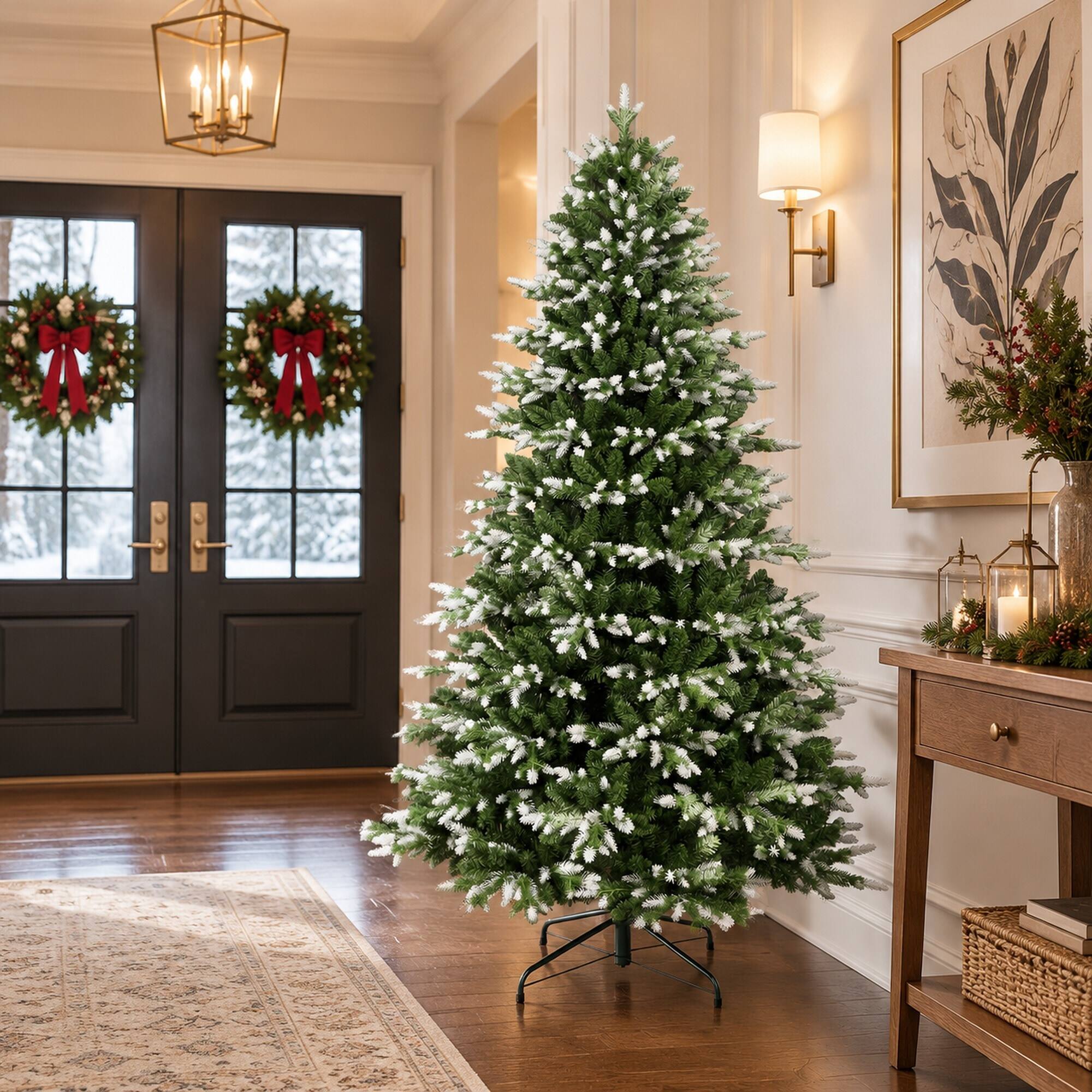 Alt View 2. RYHNUYNE - 6FT White-Tipped Artificial Christmas Tree With 1742 PE and PVC Tips and Hinged Branches, Metal Stand - Green.