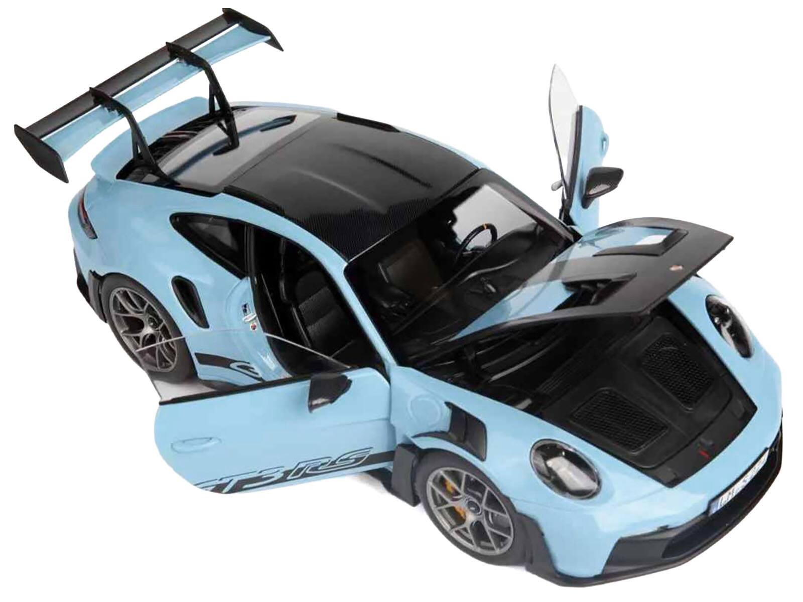 Angle. Norev - 2022 Porsche 911 GT3 RS Weissach Pack Gulf Blue with Carbon Top and Hood Stripes 1/18 Diecast Model Car by Norev - Blue.