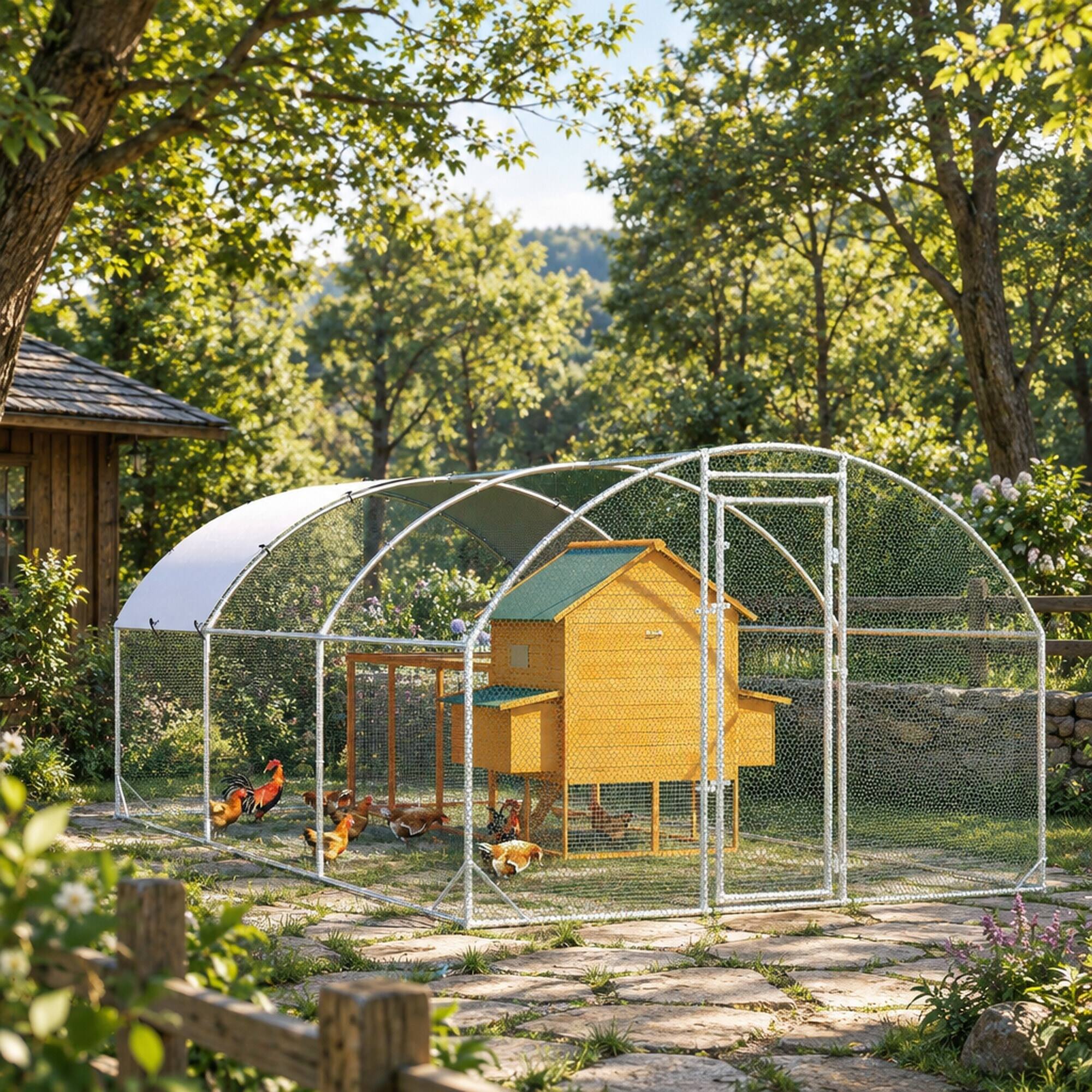 Angle. RYHNUYNE - Metal Chicken Coop, 18.7 ft x 9.2 ft x 6.5 ft Walk-in Run, Dome Roof, Waterproof Cover, 1 in Tube.