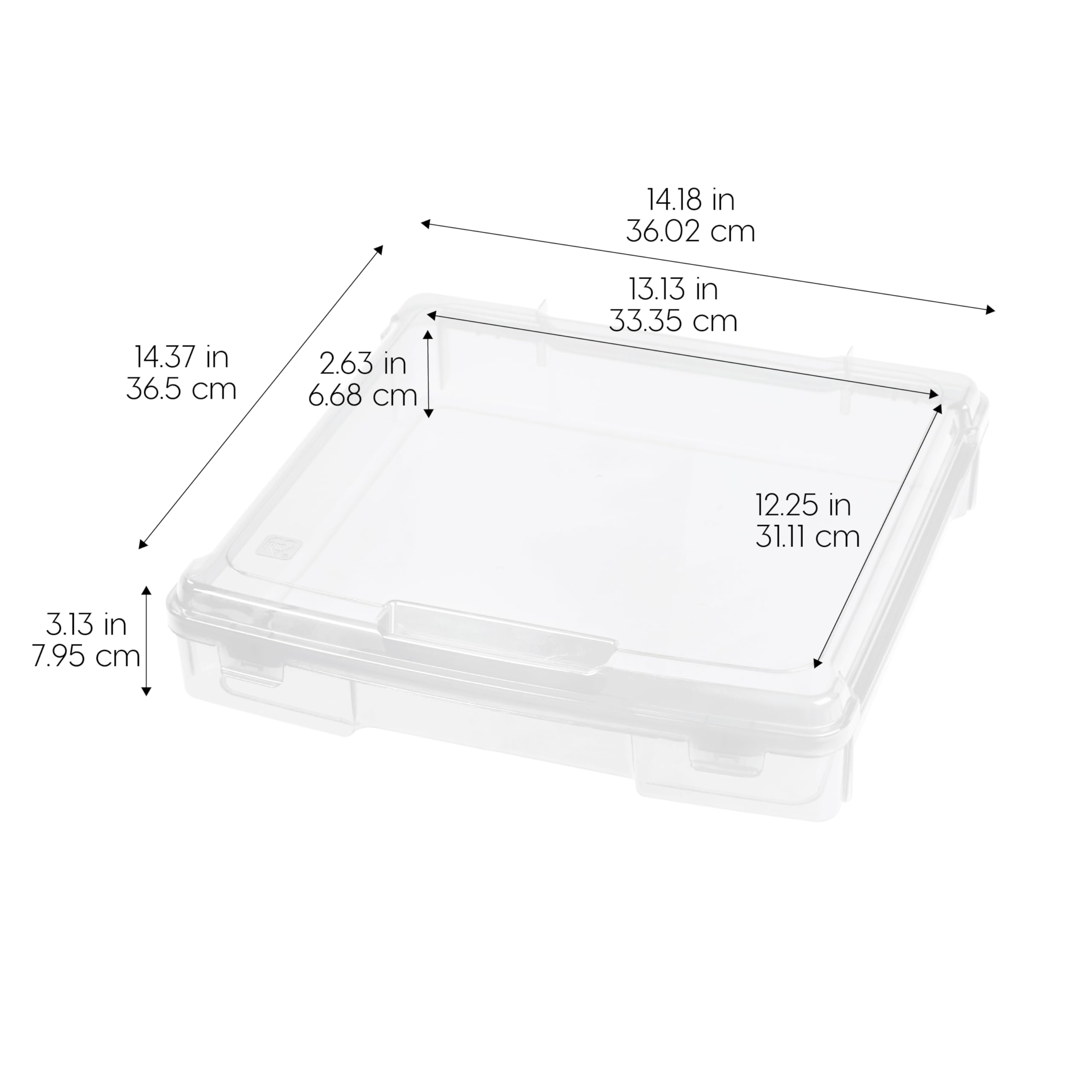 14.18 in 36.02 cm  
14.37 in 36.5 cm  
2.63 in 6.68 cm  
13.13 in 33.35 cm  
12.25 in 31.11 cm  
3.13 in 7.95 cm