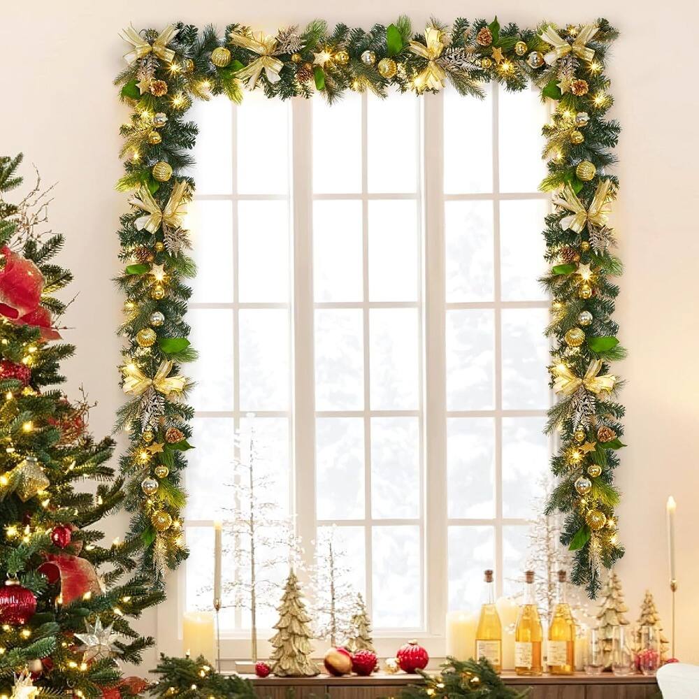 Left. PARKER SLATER - 6FT Pre-Lit Christmas Garland with 20 LED Lights, Gold Ribbon & Ornaments - Gold.