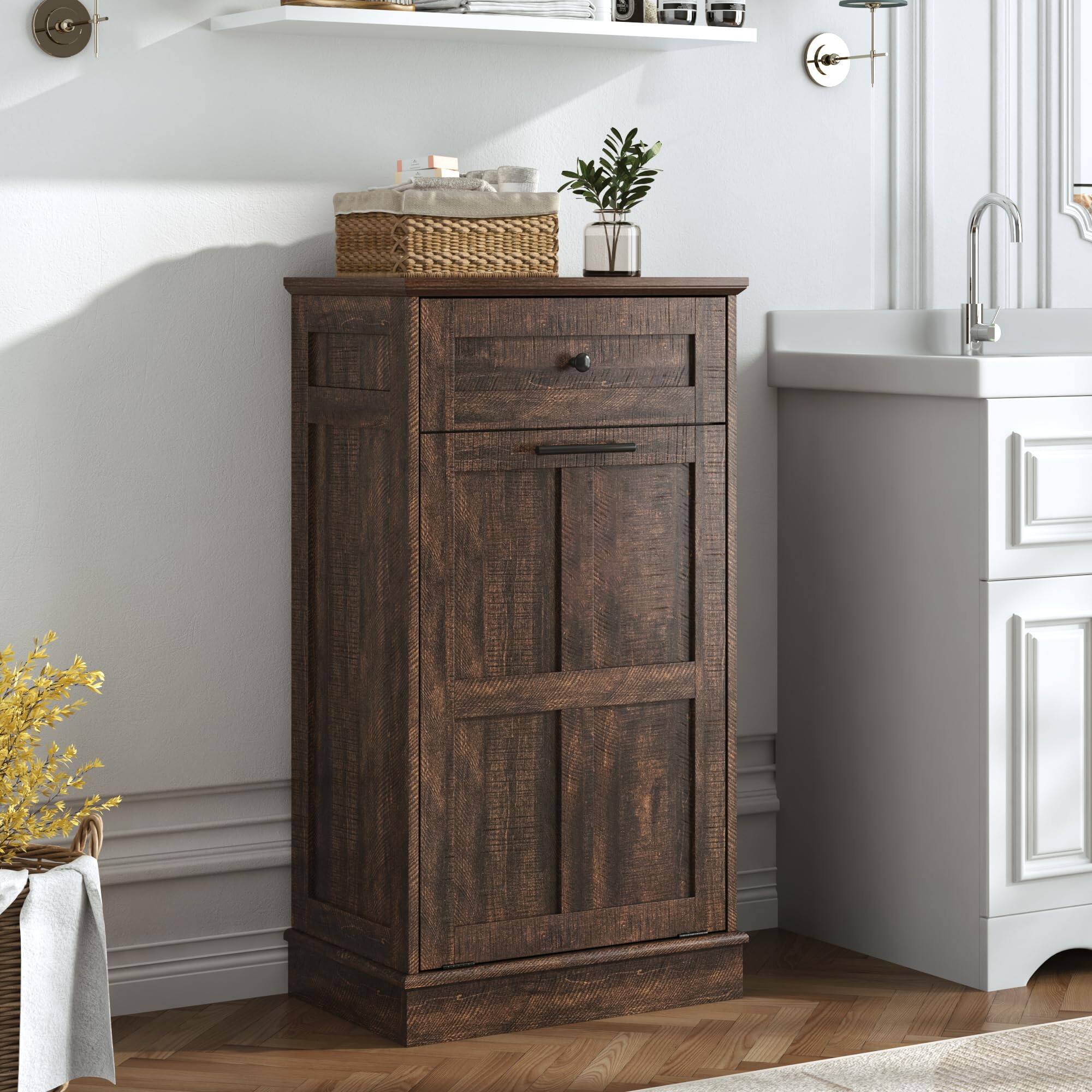 Angle. Espafurni - Farmhouse 10 Gallon Tilt - Out Trash Cabinet - Laundry Hamper, Drawers, Storage for Kitchen/Living - Brown.