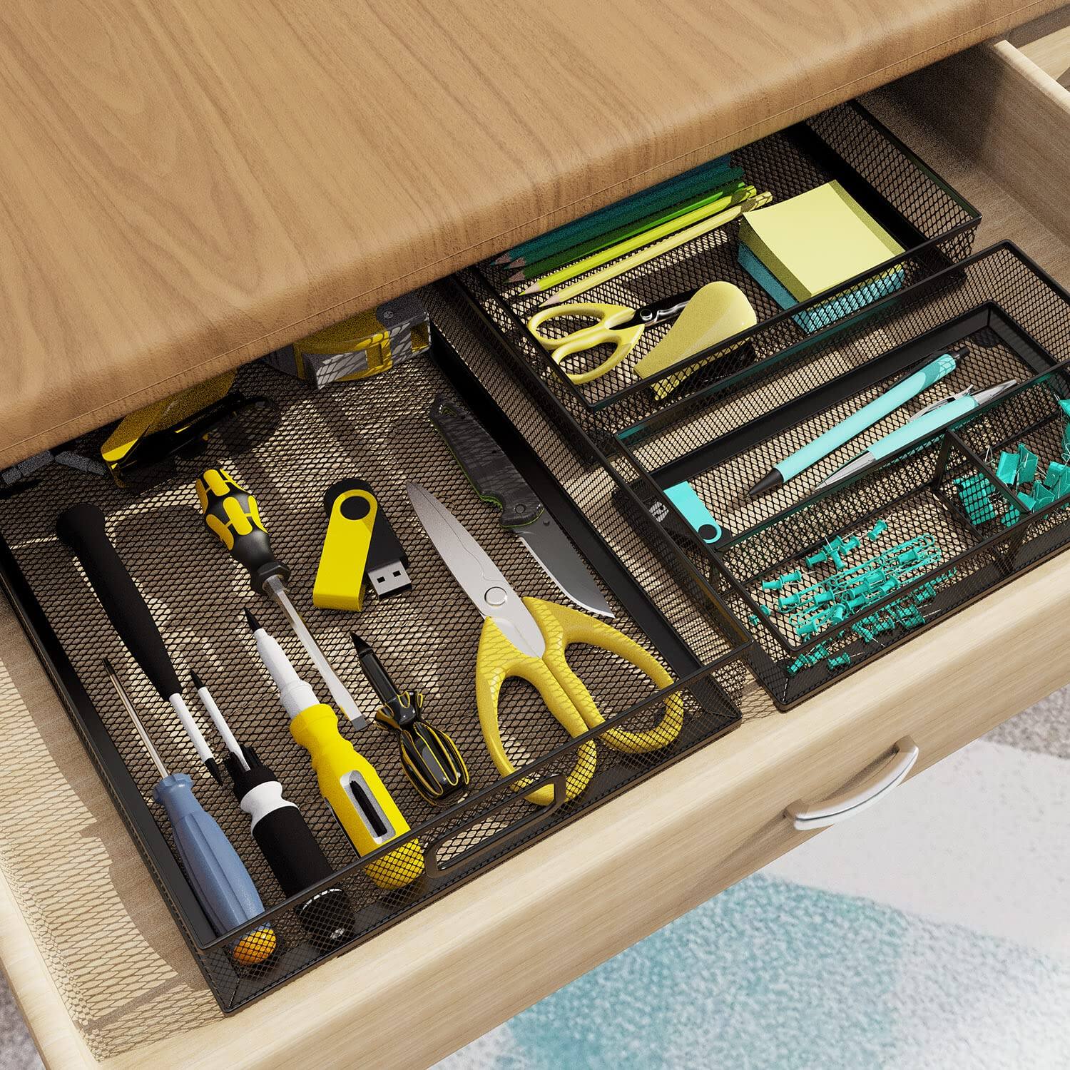 Alt View 7. Paradigms Interiors - Desk Drawer Organizer Set 3 Metal Mesh Paper Tray For Office Organizers Junk Kitchen Makeup Vanity - 3PC-Kit.