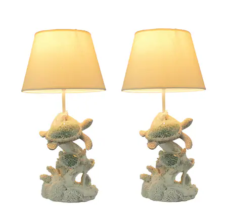 Front. Fancy That - Mosaic Swimming Sea Turtles Coastal Sea Life Table Lamp Set of 2 - Off-white.