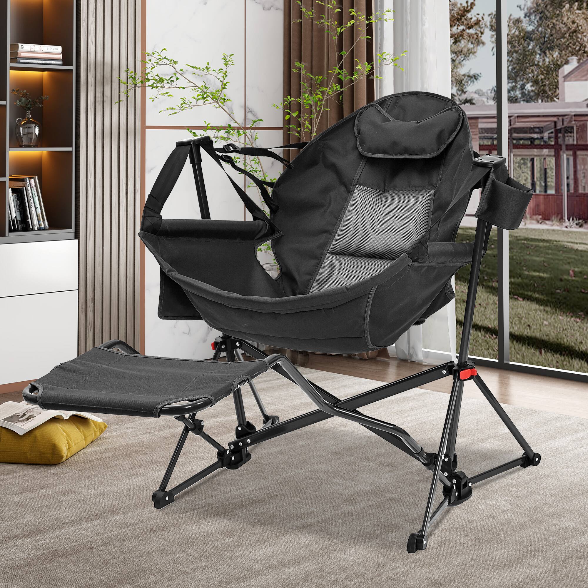 Front. Ainfox - Ainfox Hammock Camping Chair, Portable Heavy Duty Folding Swing Chair for Adults with Carrying Bag & Optional Footrest - Black-with Footrest.