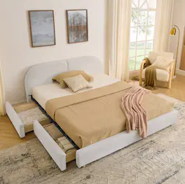 Anysun - Queen Minimalist Upholstered Bed Frame - Circle Yarn Fabric, Curved Headboard, Wheeled Drawer Storage - Beige