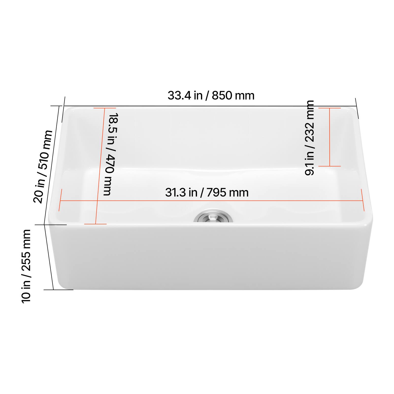- 20 in / 510 mm
- 18.5 in / 470 mm
- 33.4 in / 850 mm
- 9.1 in / 232 mm
- 31.3 in / 795 mm
- 10 in / 255 mm