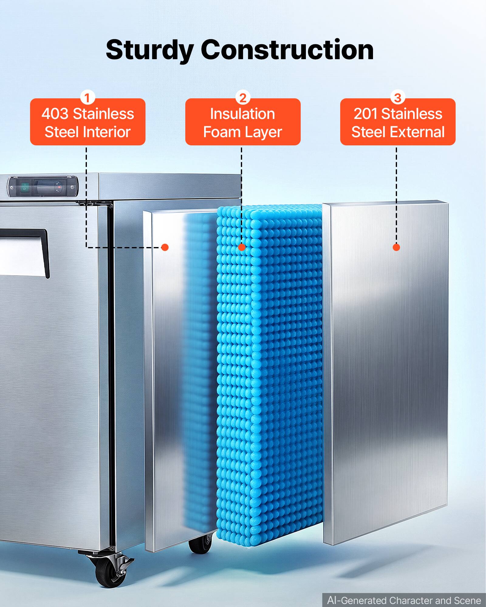 Sturdy Construction
1. 403 Stainless Steel Interior
2. Insulation Foam Layer
3. 201 Stainless Steel External