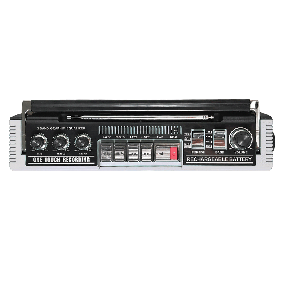 The image features a one-touch recording device with a rechargeable battery. The device has a graphic equalizer with three bands, allowing users to adjust the bass, midrange, and treble frequencies. It also has a pause, stop, fast forward, and rewind function, making it convenient for users to control their recordings. The device is designed to be portable and easy to use, making it a practical tool for recording and editing audio.