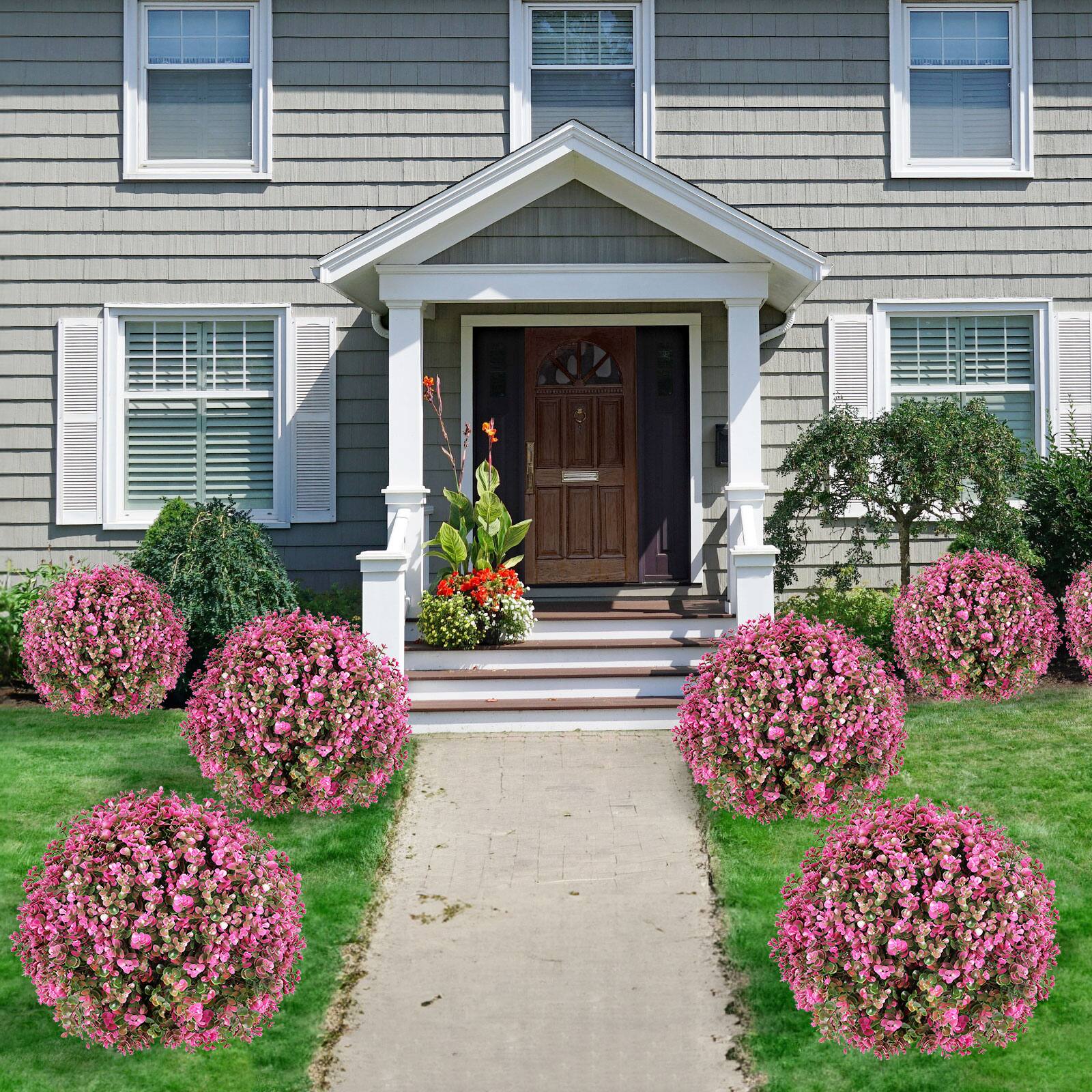Angle. Oumilen - 2 Pack Artificial Pink Flower Topiary Trees – UV Resistant Outdoor Fake Plants with Stakes, 26.3in for Garden Yard - Pink.